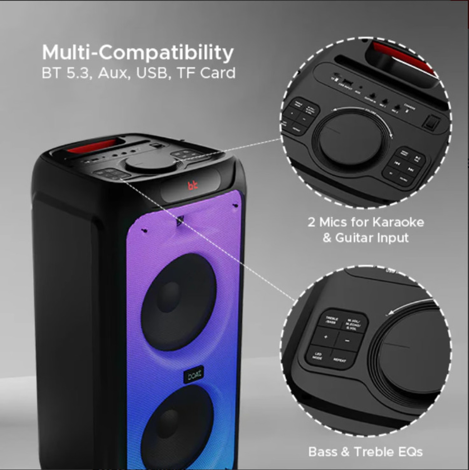 Image of boAt 450 Signature Sound, Flame LEDs, Playtime upto 6 Hrs 2 Mics for Karaoke 180 W Bluetooth Party Speaker