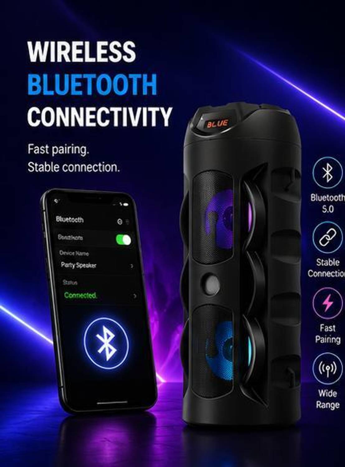 3RY 40W Portable Bluetooth Tower Speaker with Dual Woofer, LED RGB Lights & Remote 40 W Bluetooth Party Speaker - Image 2