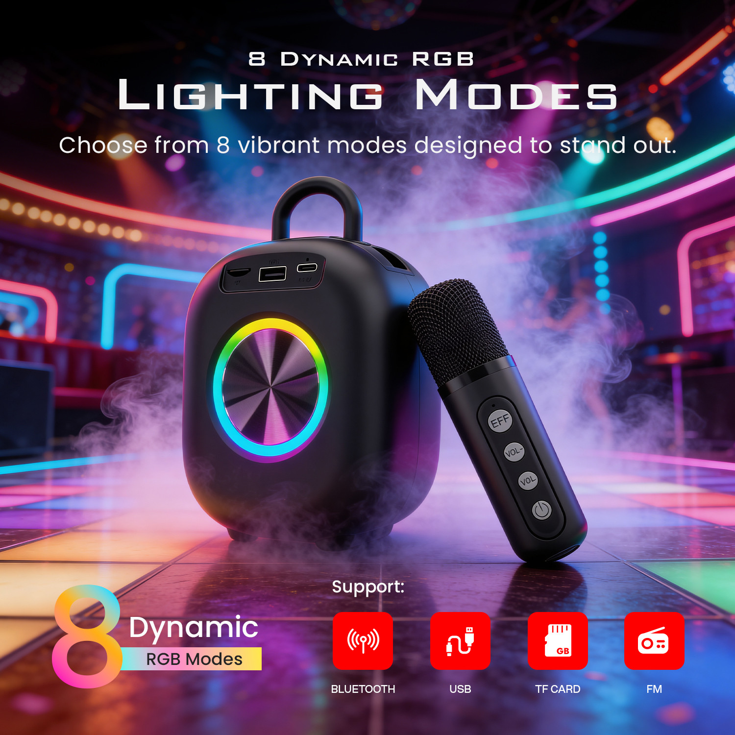 Image of Mozu Bassmore X10|8 RGB|Wireless Karaoke Mic With Voice Changer & Mobile Dock 15 W Bluetooth Party Speaker