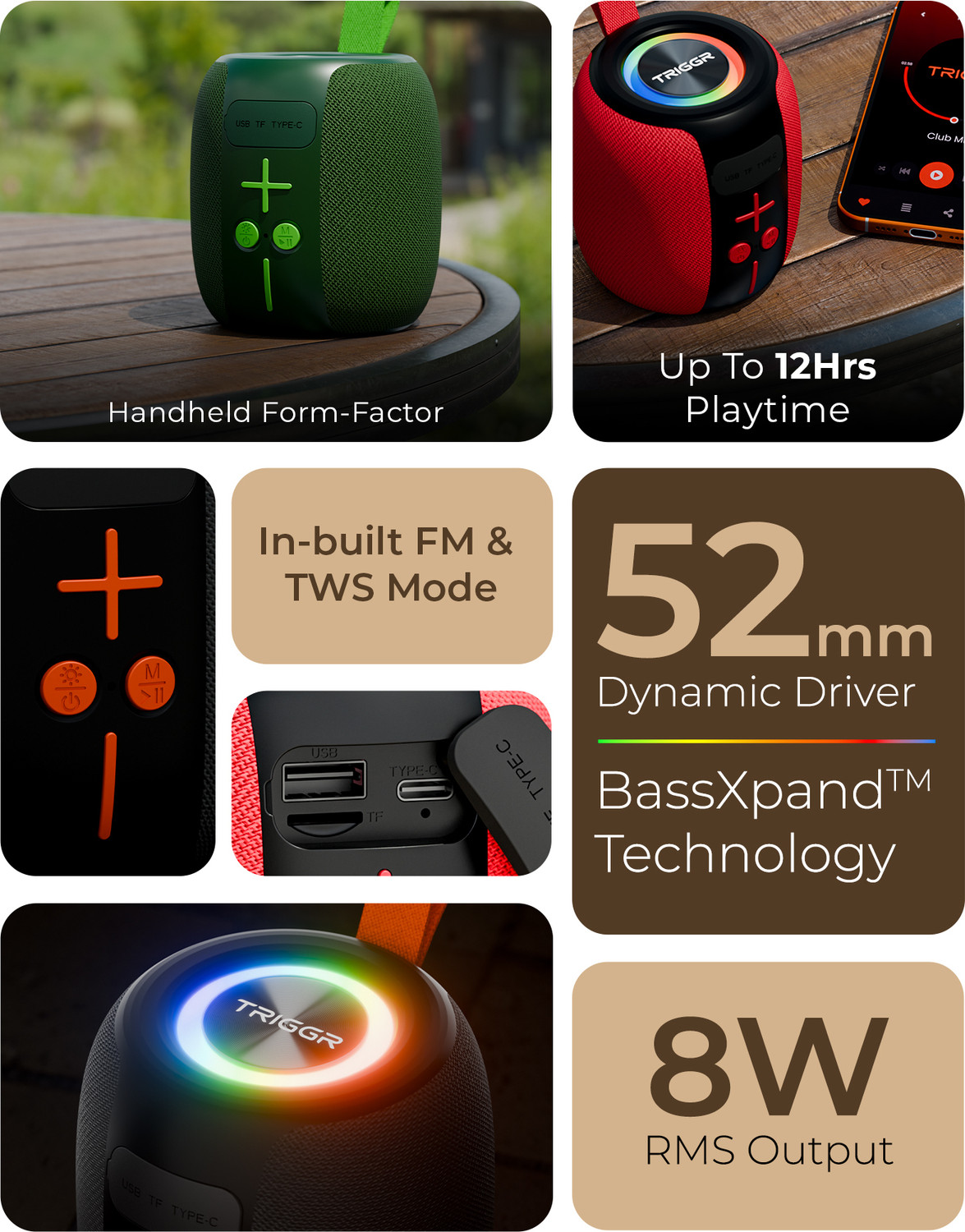 Image of TRIGGR Roar 8 with RGB Lights, Fabric Exterior, TWS & FM Mode, 12H Playtime, BT v5.4 8 W Bluetooth Speaker