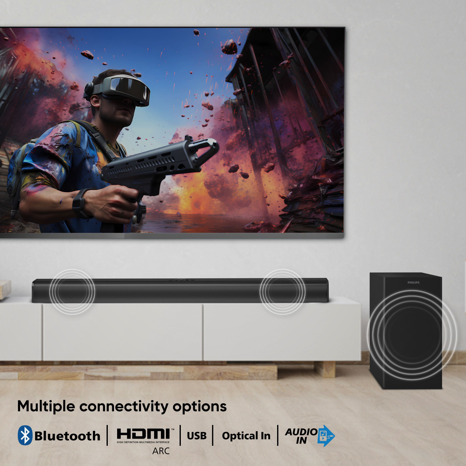 Image of PHILIPS TAB4319 /94 With Subwoofer for Rich Bass, 3 EQ modes, Bluetooth /HDMI /USB /Optical 80 W Bluetooth Soundbar