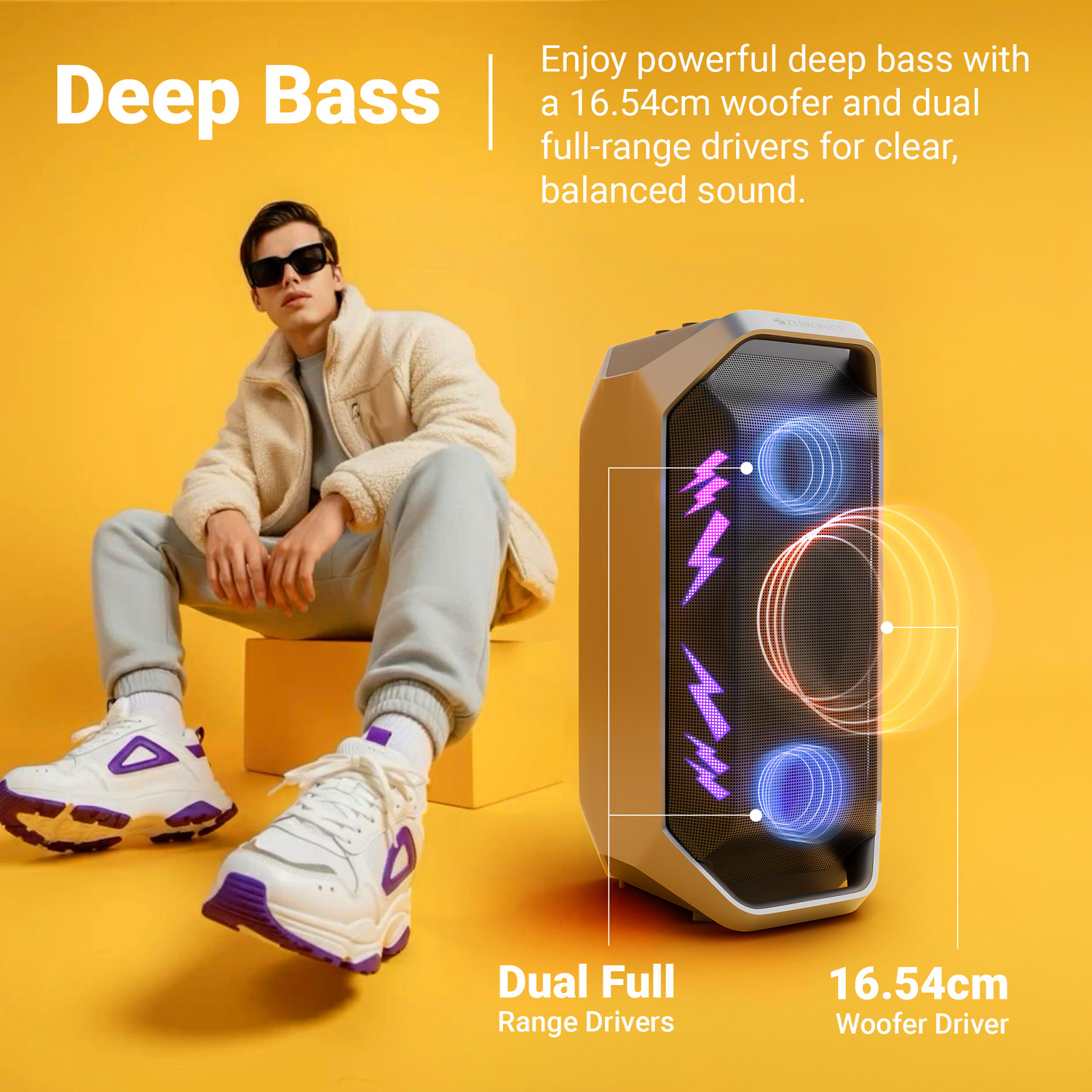 Image of ZEBRONICS Party fyre 110,Up to 6hrs Backup, Dual Drivers, Wireless Karaoke Mic, BTv5.3,TWS 110 W Bluetooth Party Speaker