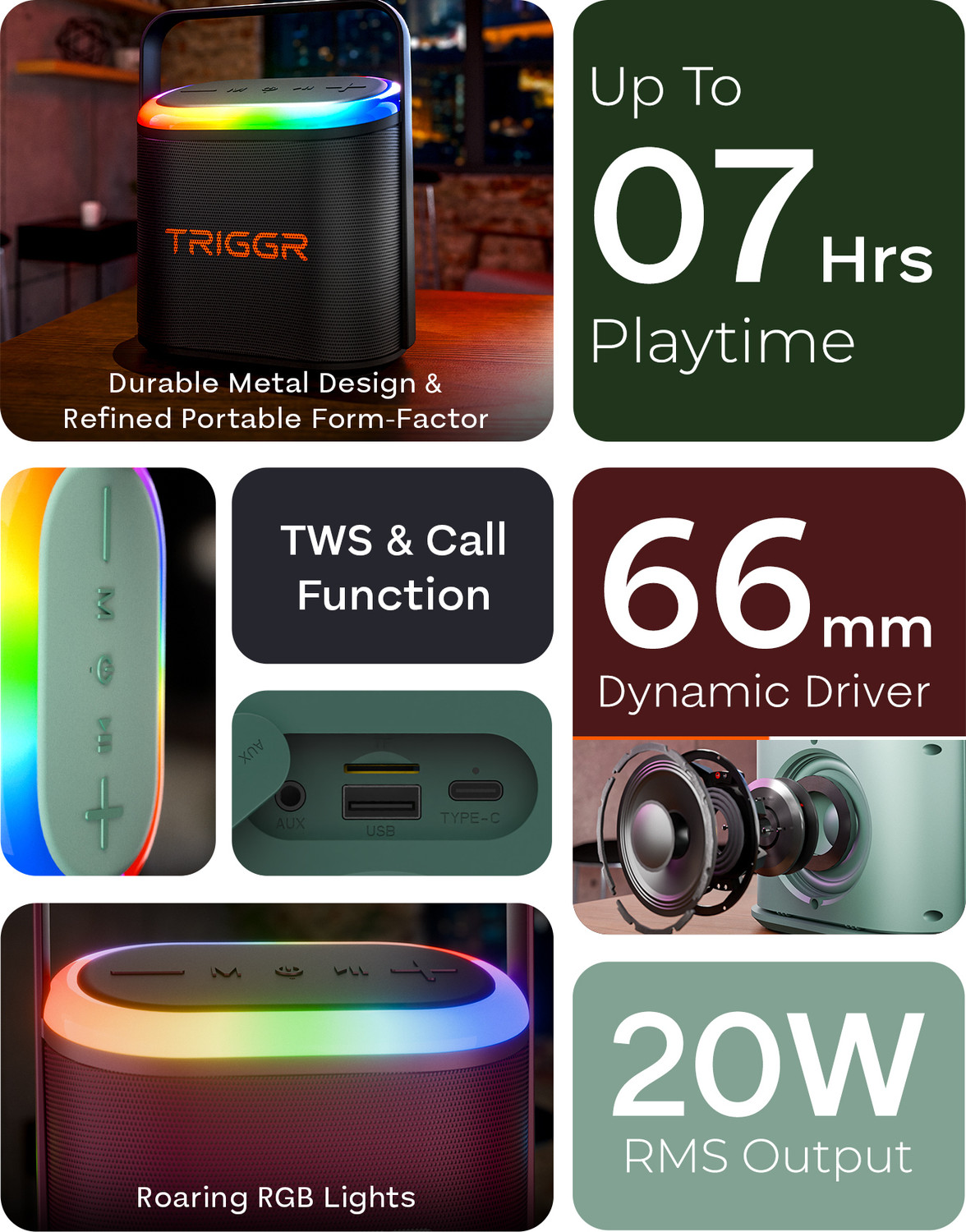 Image of TRIGGR Roar 20 with RGB Lights, Metal Mesh, TWS & FM Mode, 7H Playtime, BT v5.4,20W 20 W Bluetooth Speaker