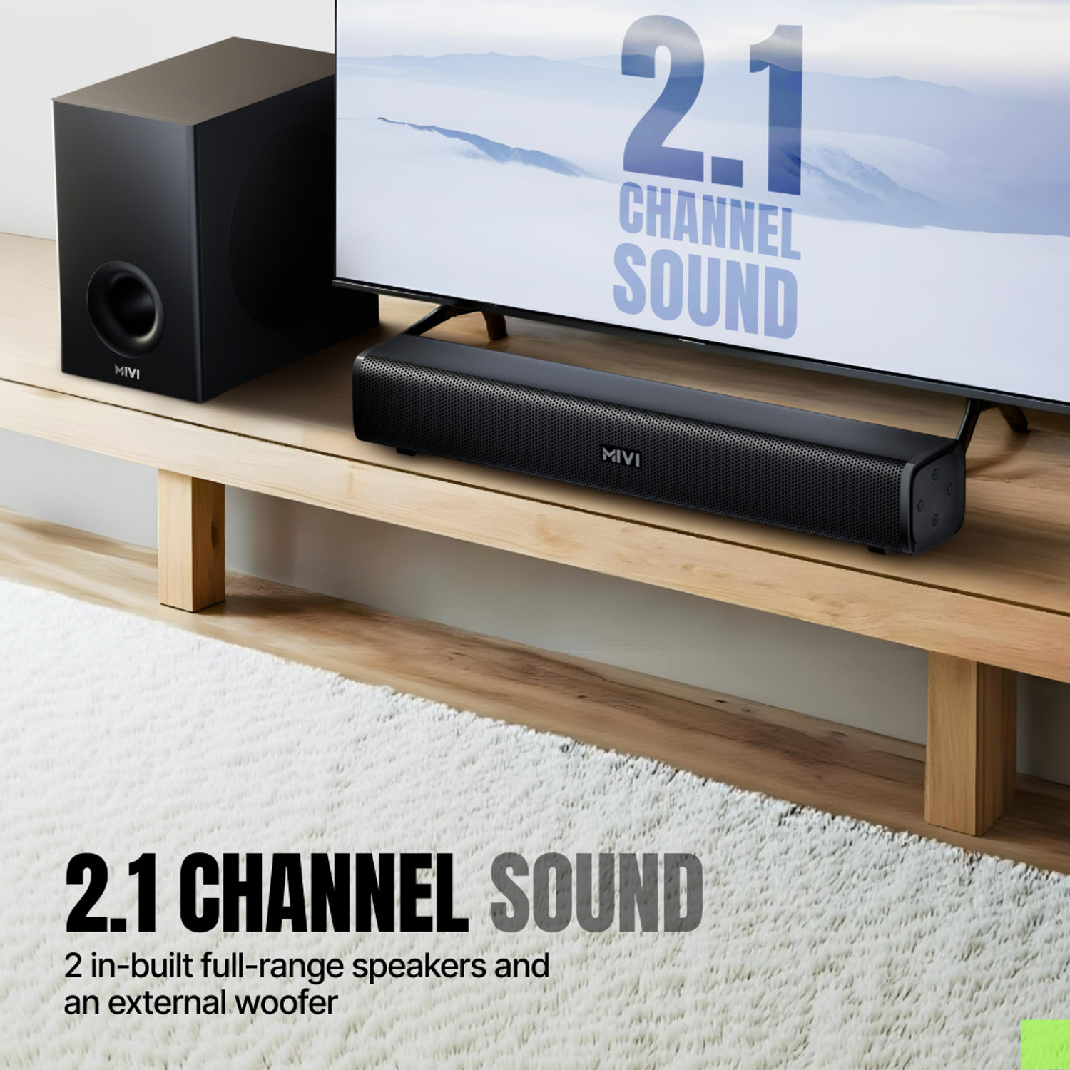 Image of Mivi Fort Sonic X80 Soundbar, 2.1 Channel, Multi-Input & EQ Modes, BT v5.3 90 W Bluetooth Home Audio Speaker