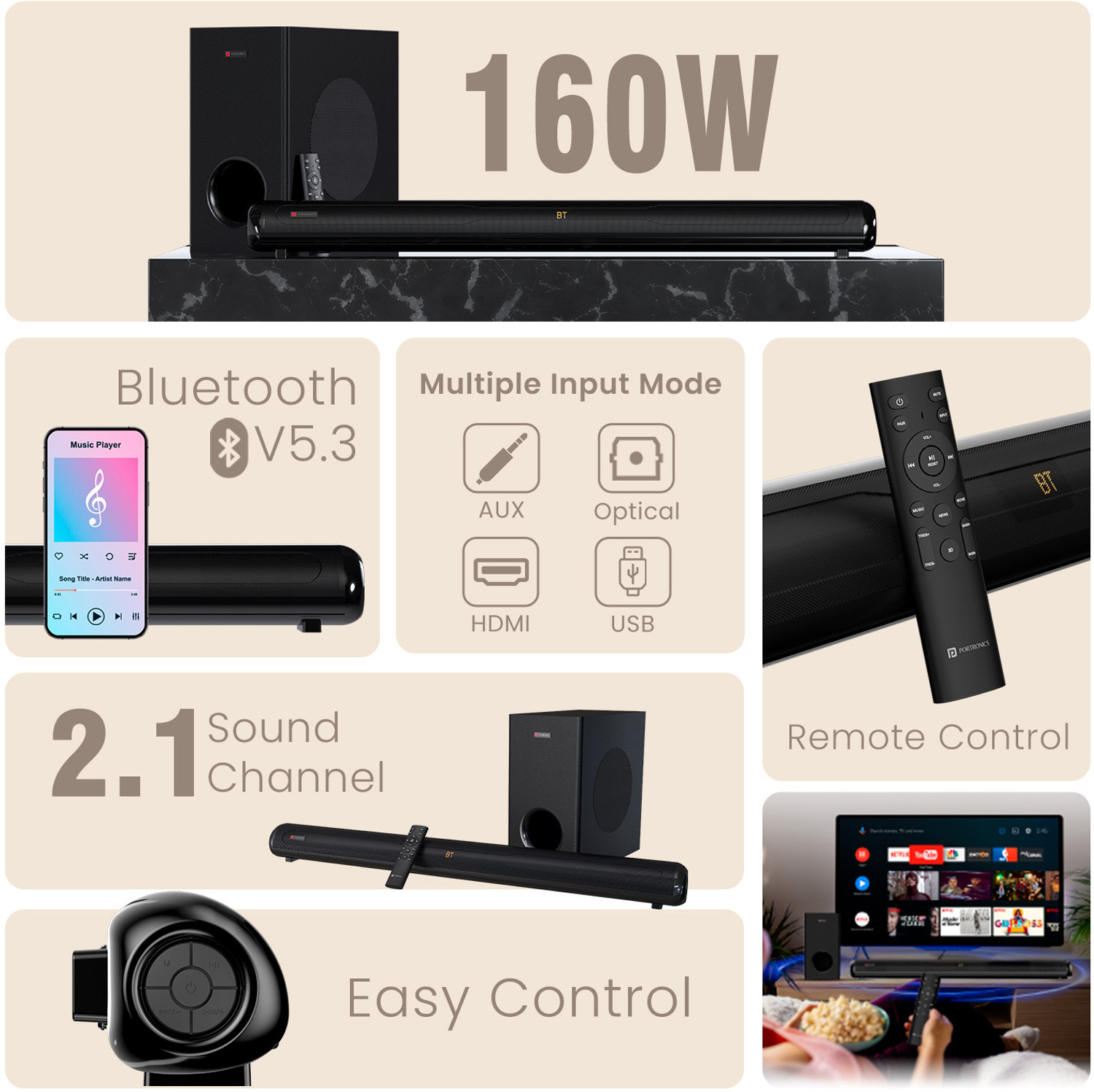 Image of Portronics Pure Sound 108 160W Bluetooth Soundbar with Deep Bass, 6.5 Inch Subwoofer 160 W Bluetooth Soundbar