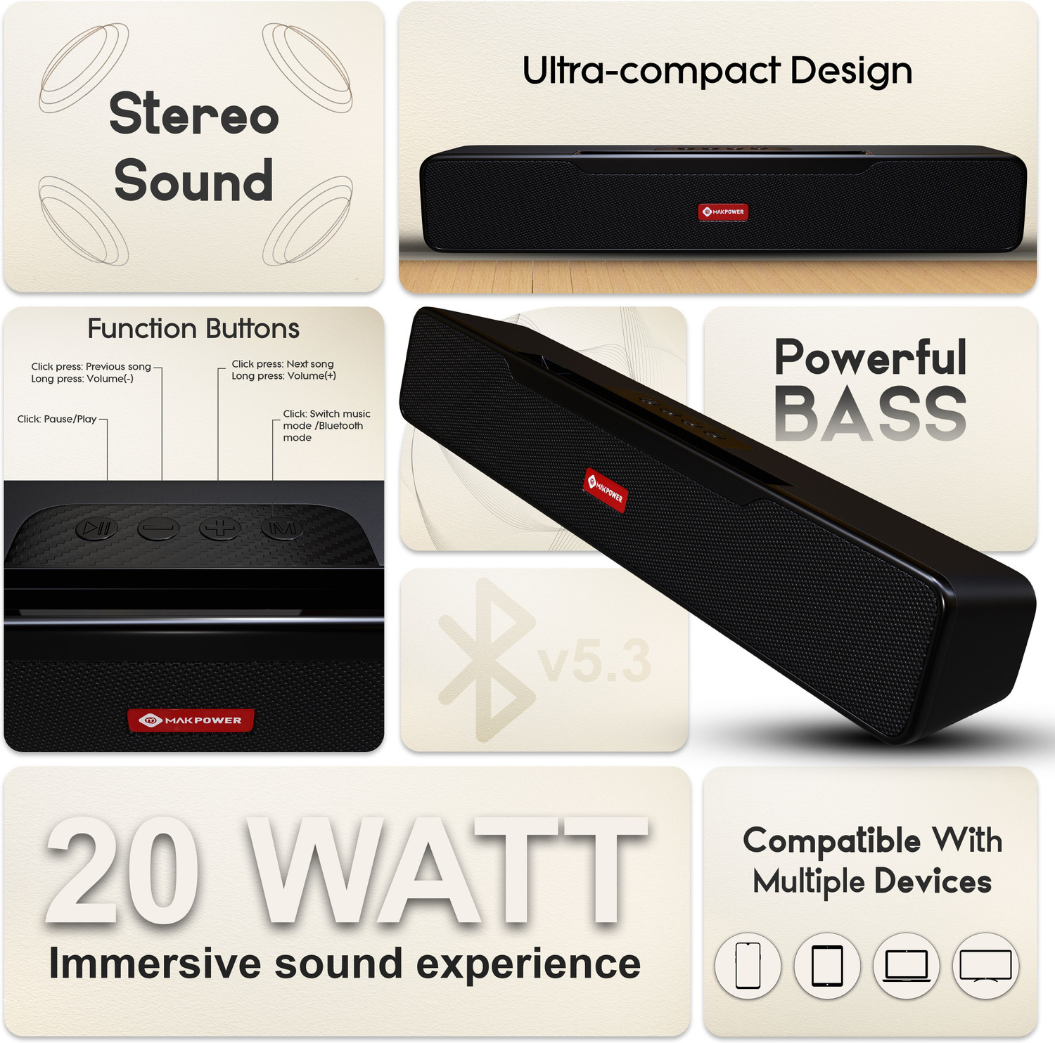 Image of MAK POWER TARZAN Speaker with 6H Playback, Portable, Compact Design, Home, Deep Bass Sound 20 W Bluetooth Soundbar (Dark Black, Stereo Channel)