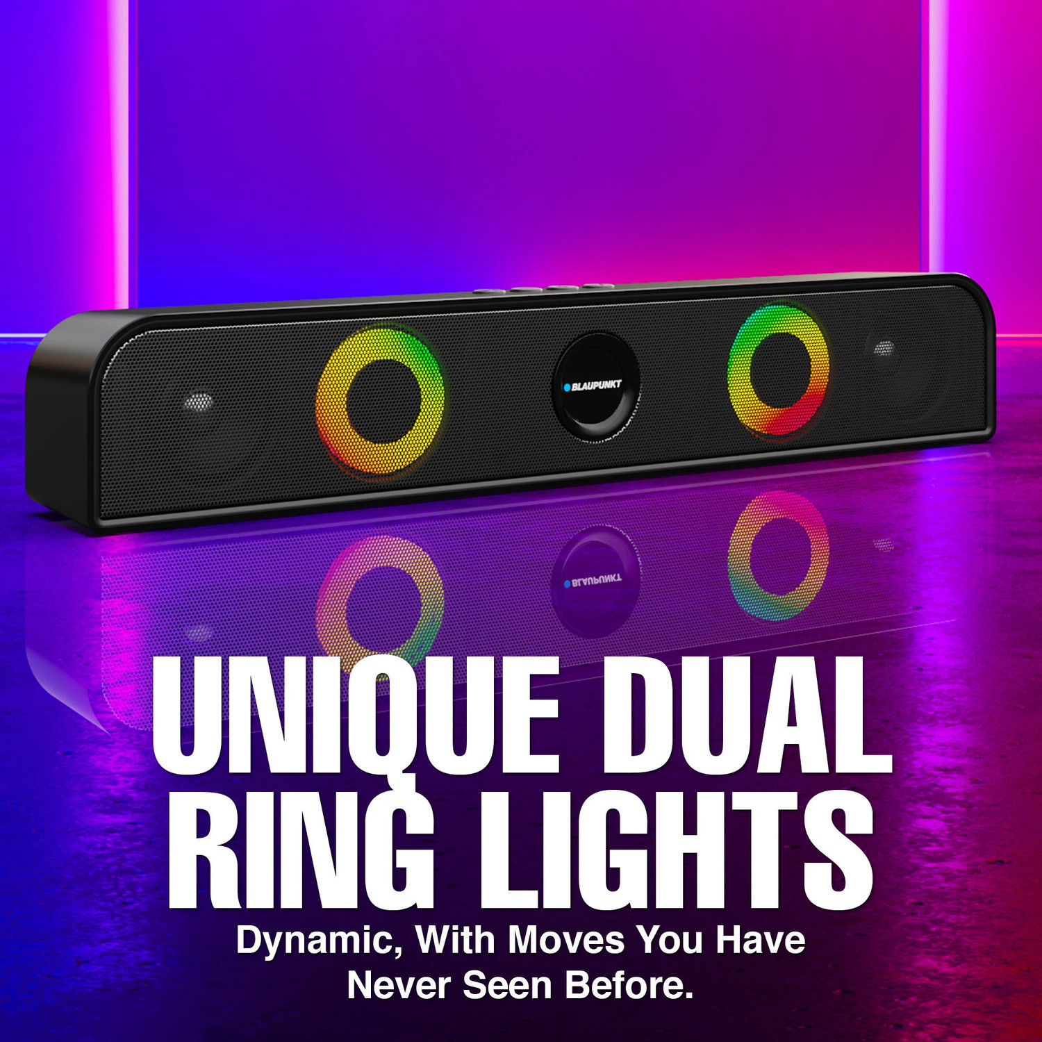 Image of Blaupunkt SBA10 Kolors|Dual Radiators & Ring Lights | Aero Edge Design | USB, AUX, BT, TWS 16 W Bluetooth Soundbar