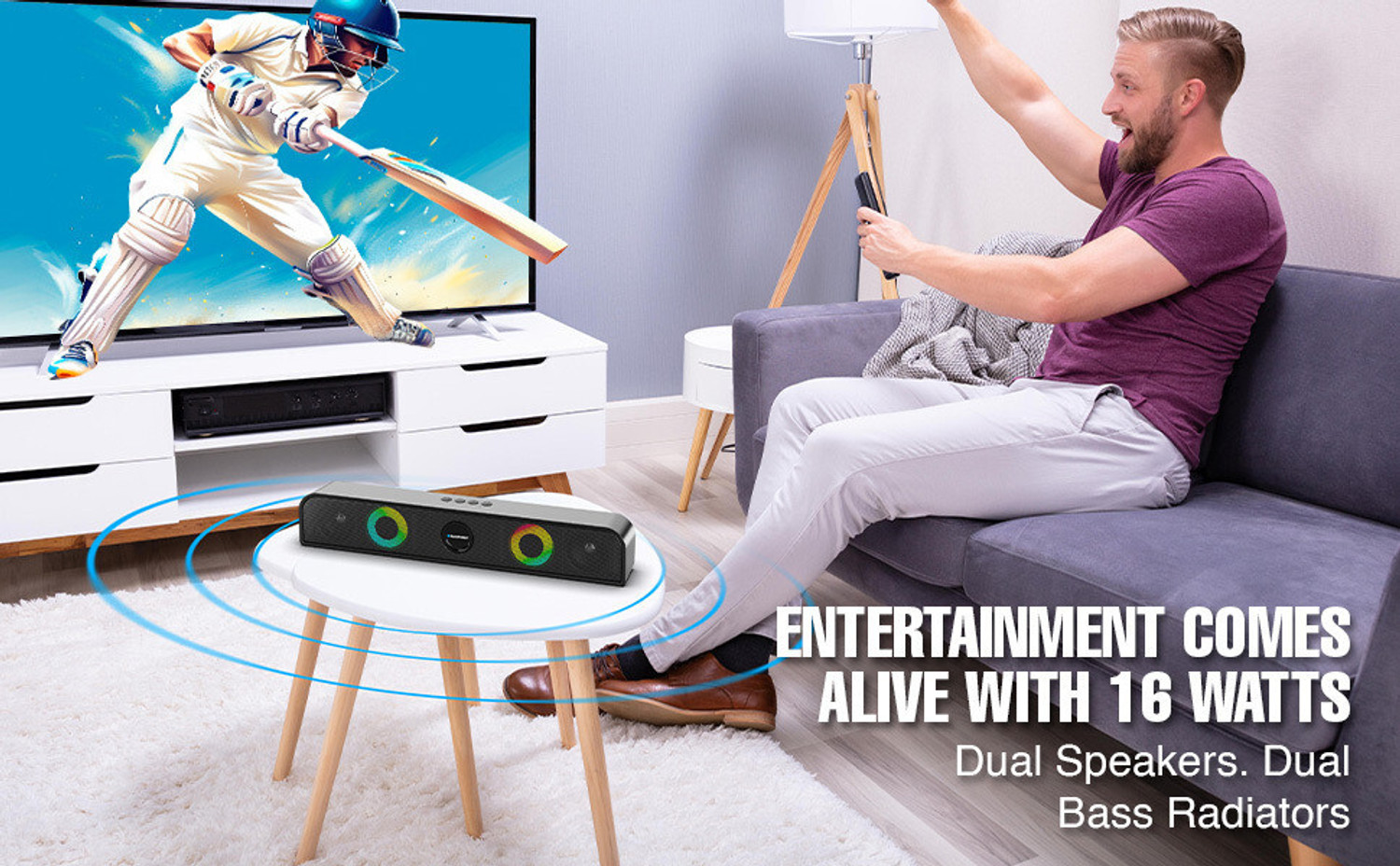 Image of Blaupunkt SBA10 Kolors|Dual Radiators & Ring Lights | Aero Edge Design | USB, AUX, BT, TWS 16 W Bluetooth Soundbar