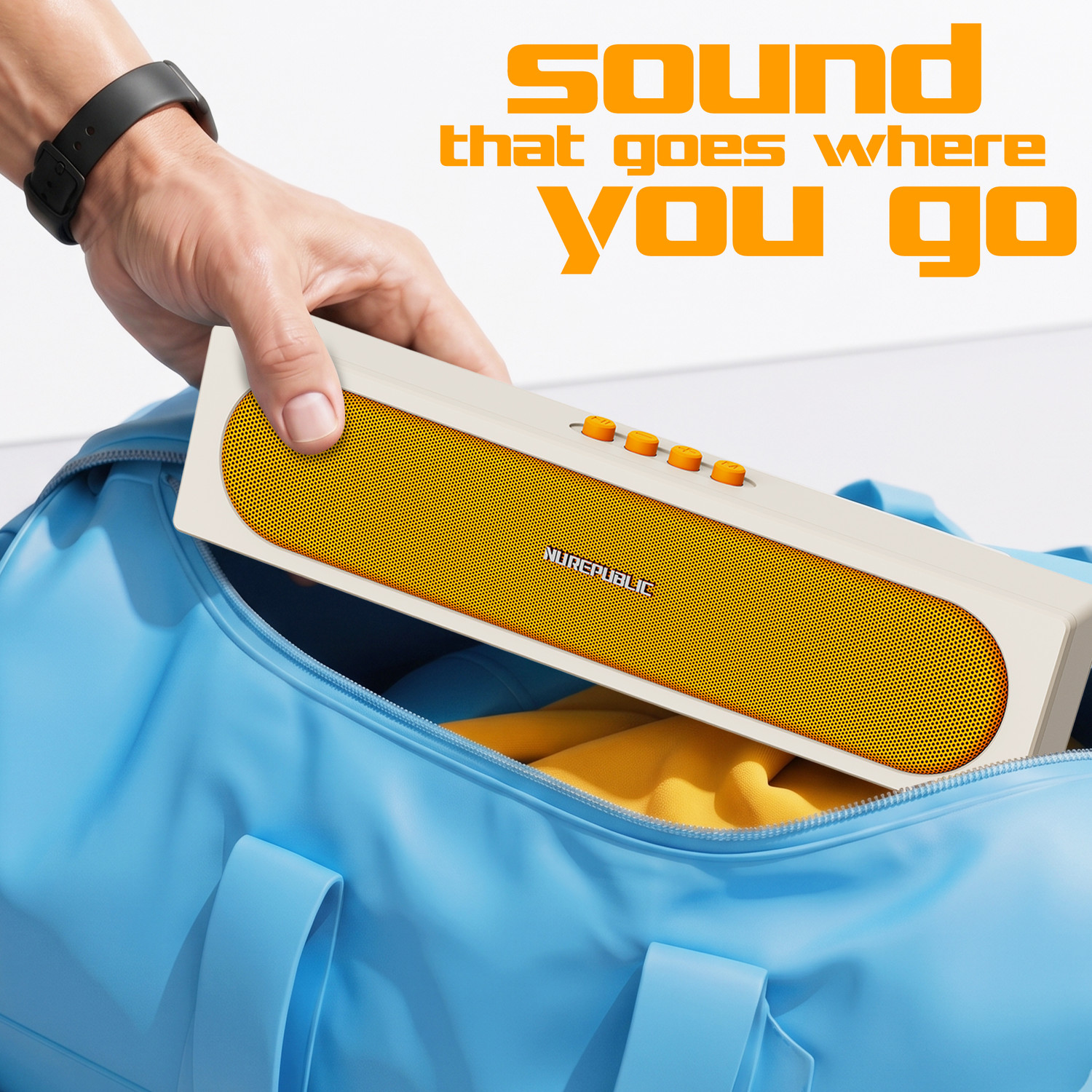 Image of Nu Republic Replay Bar with 16W Output, Dual 52mm Dynamic Drivers, Built-in Mic 16 W Bluetooth Soundbar (Beige, Yellow, 2.0 Channel)