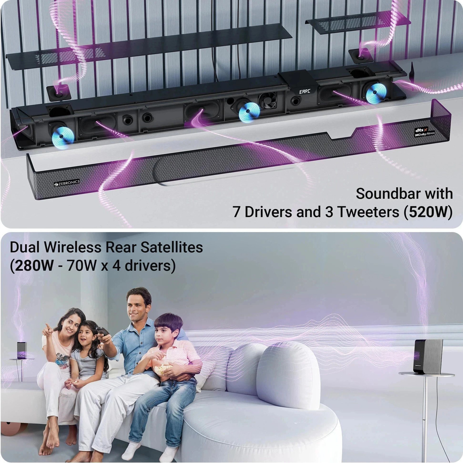Image of ZEBRONICS Juke Bar 10000 (SBSPK C16) Dolby Atmos, DTS X, Wireless Subwoofer & Satellite 1100 W Bluetooth Soundbar