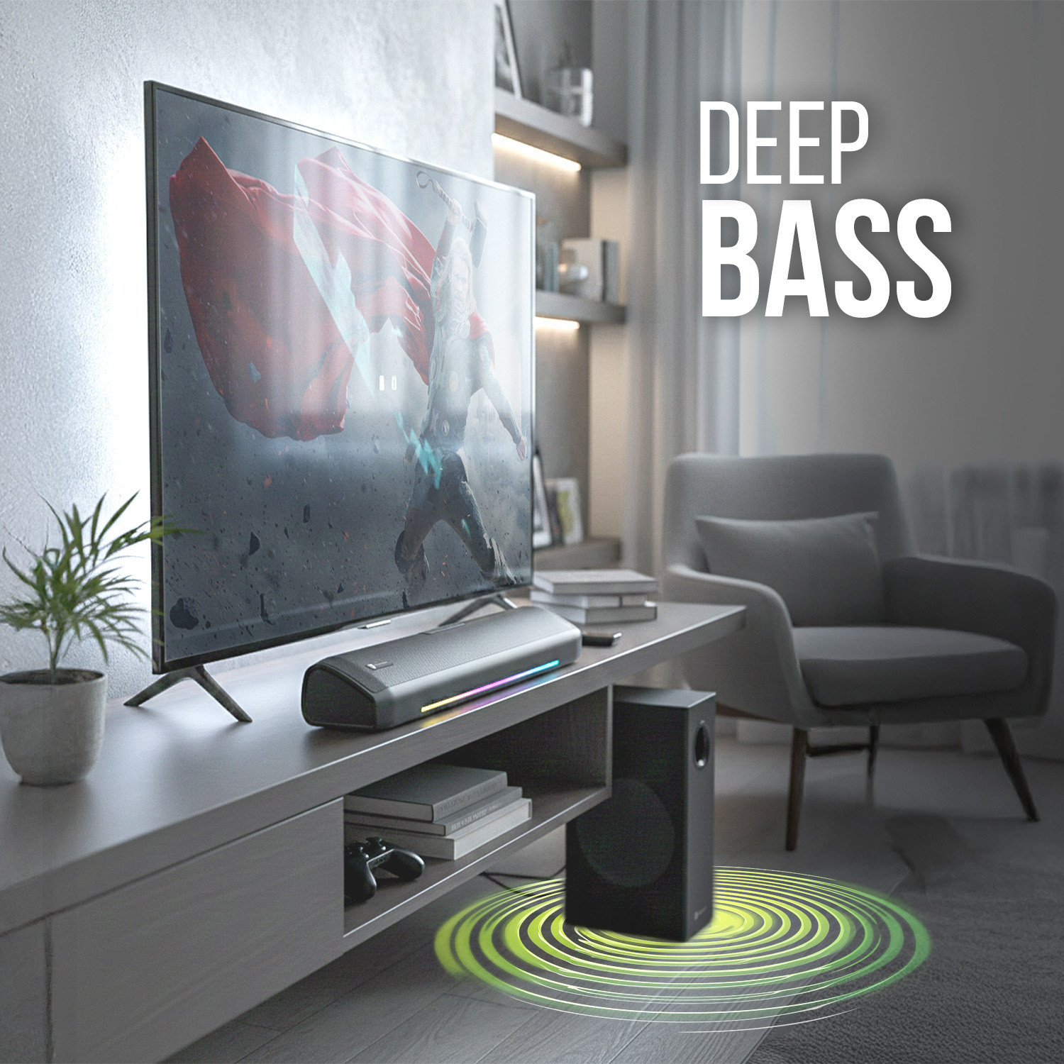 Image of Portronics 100W Zuno Compact Bluetooth Soundbar With Deep Bass, 2.1 Channel Home Theatre 100 W Bluetooth Soundbar