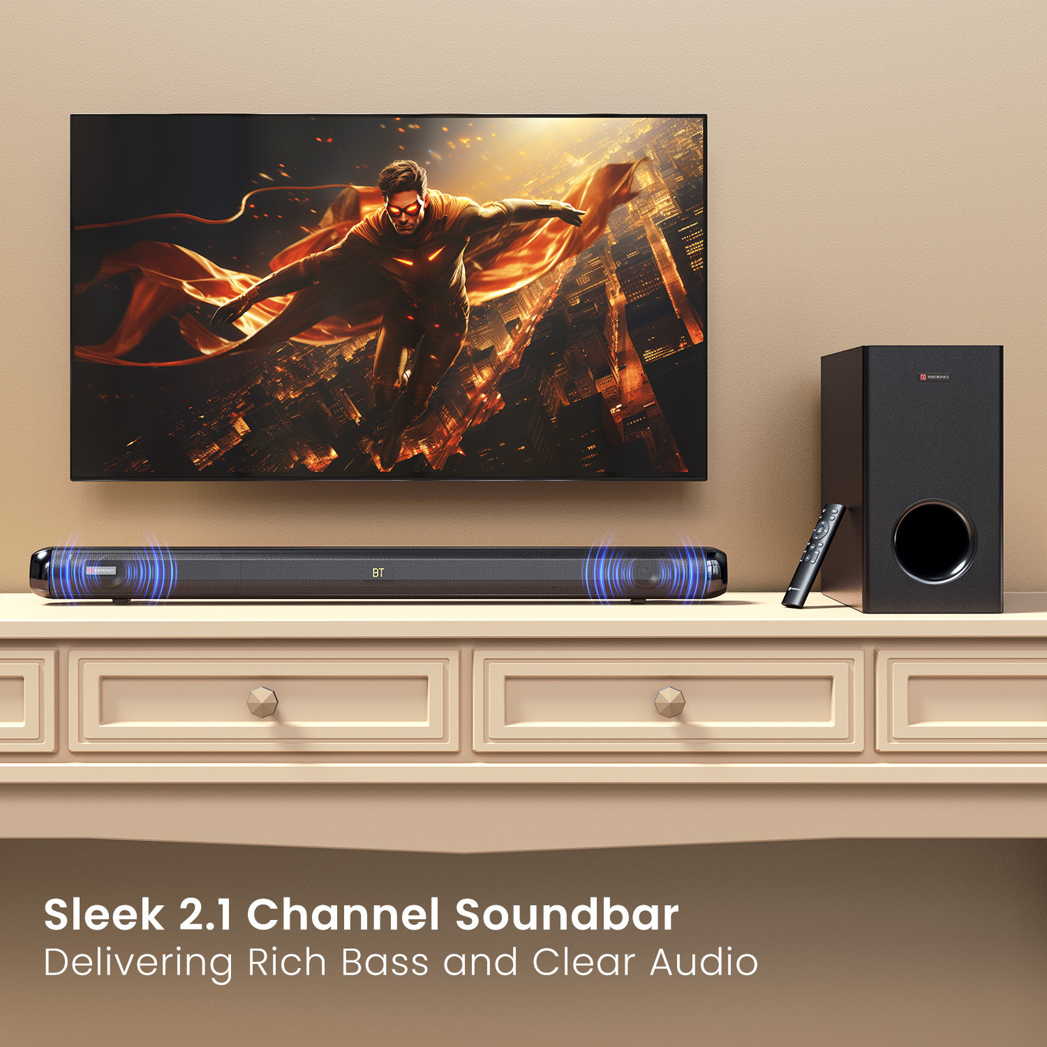 Image of Portronics Pure Sound 108 160W Bluetooth Soundbar with Deep Bass, 6.5 Inch Subwoofer 160 W Bluetooth Soundbar