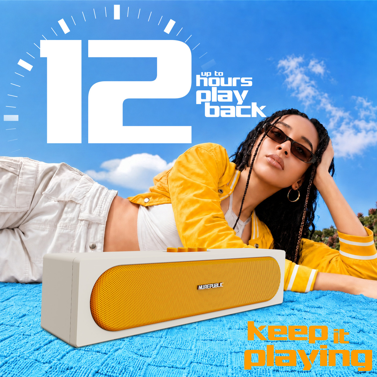 Image of Nu Republic Replay Bar with 16W Output, Dual 52mm Dynamic Drivers, Built-in Mic 16 W Bluetooth Soundbar (Beige, Yellow, 2.0 Channel)