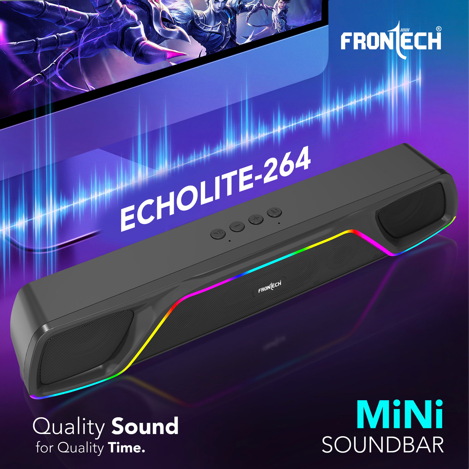 Image of Frontech ECHOLITE-264 Mini Soundbar | RGB Lighting | TWS | 2000mAh Battery | BT v5.3 | 25 W Bluetooth Soundbar