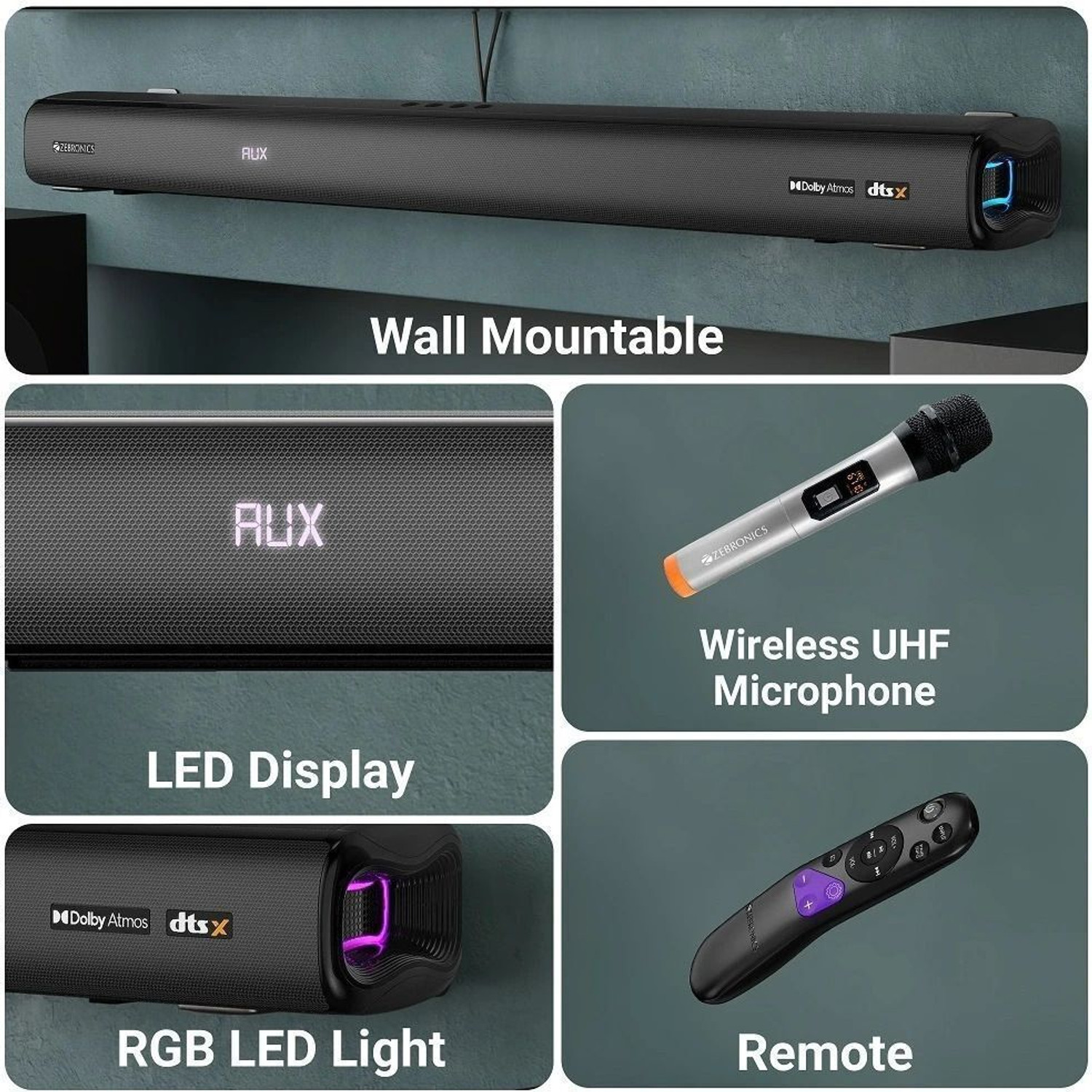 Image of ZEBRONICS Juke Bar 9900 (SBSPK C3) DTS X, Dolby Atmos, 2x Wireless Subwoofer & Satellites 725 W Bluetooth Soundbar