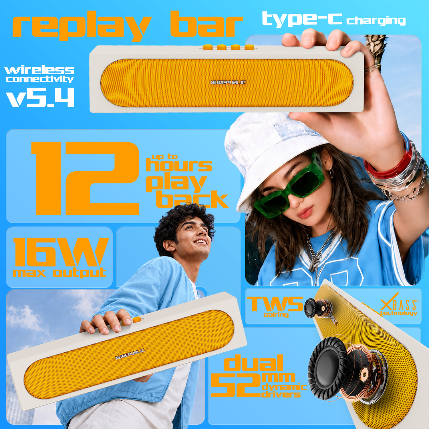 Image of Nu Republic Replay Bar with 16W Output, Dual 52mm Dynamic Drivers, Built-in Mic 16 W Bluetooth Soundbar (Beige, Yellow, 2.0 Channel)