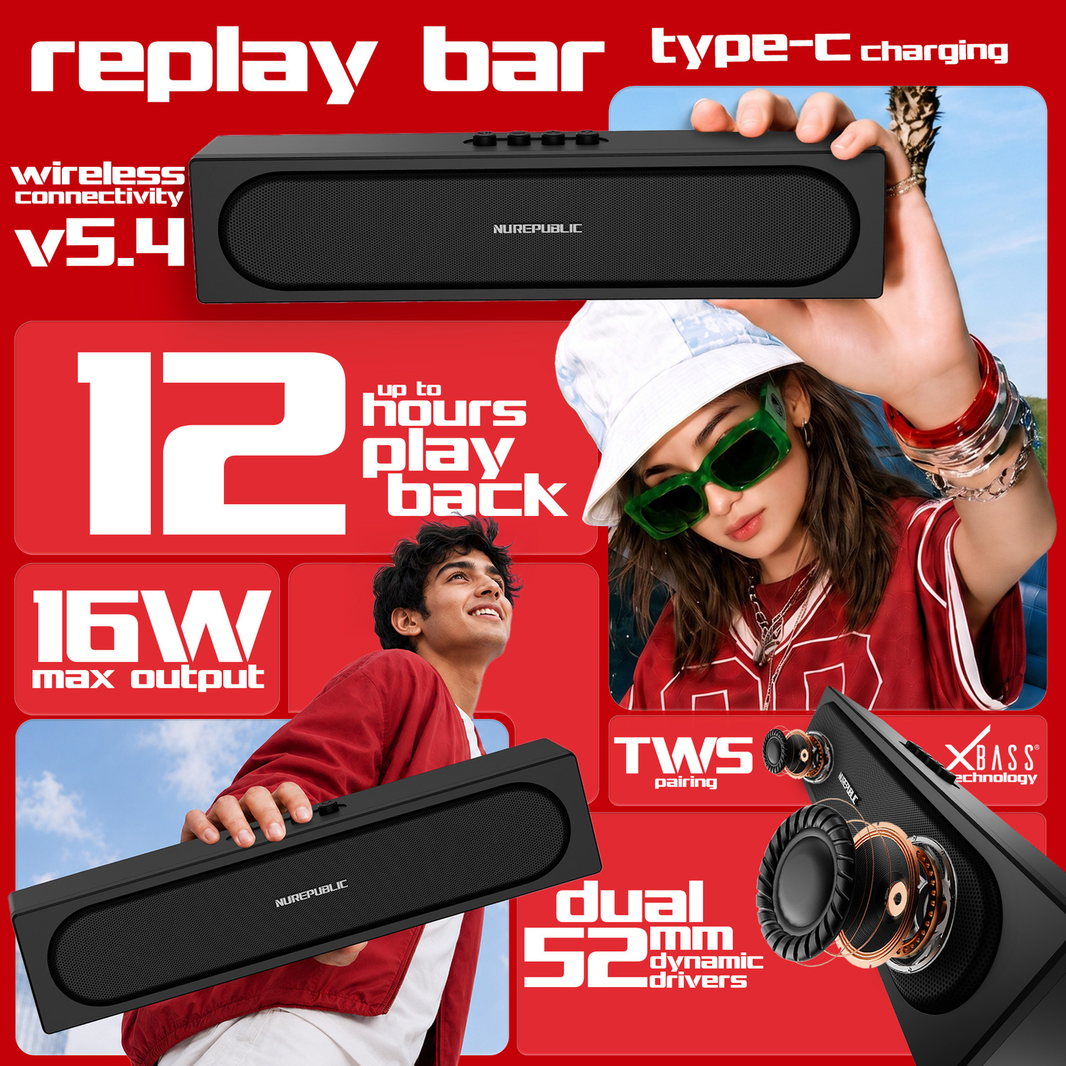 Image of Nu Republic Replay Bar with 16W Output, Dual 52mm Dynamic Drivers, Built-in Mic 16 W Bluetooth Soundbar (Black, 2.0 Channel)