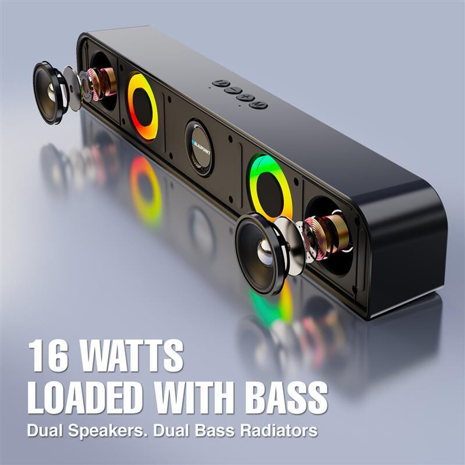 Image of Blaupunkt SBA10 Kolors|Dual Radiators & Ring Lights | Aero Edge Design | USB, AUX, BT, TWS 16 W Bluetooth Soundbar