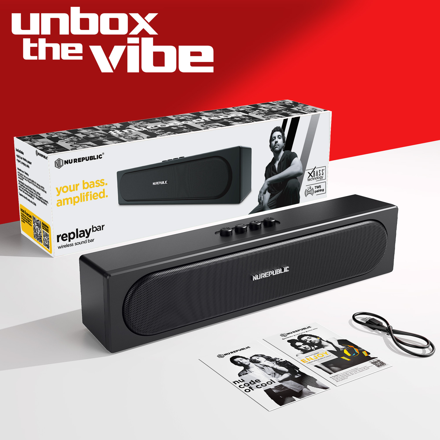 Image of Nu Republic Replay Bar with 16W Output, Dual 52mm Dynamic Drivers, Built-in Mic 16 W Bluetooth Soundbar (Black, 2.0 Channel)