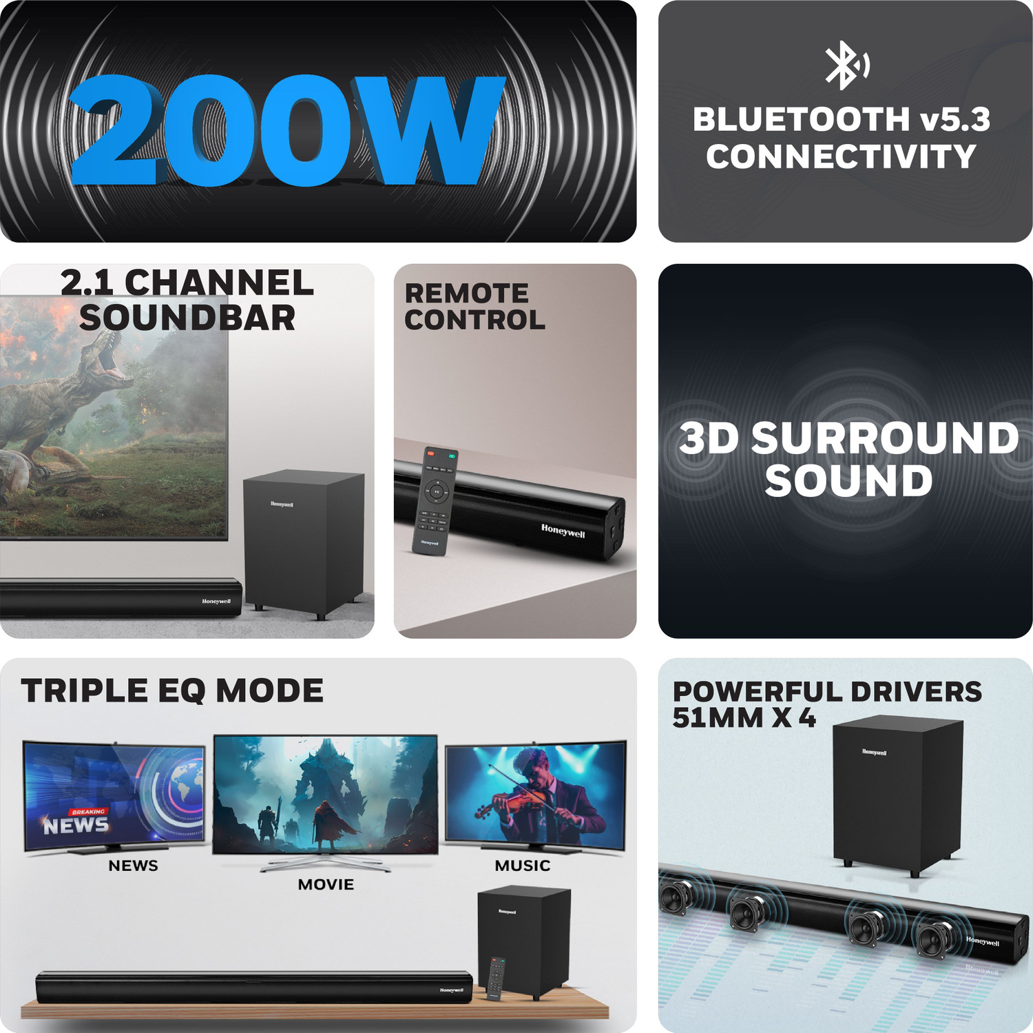 Image of Honeywell Trueno U3000 Soundbar 200 W Bluetooth Soundbar