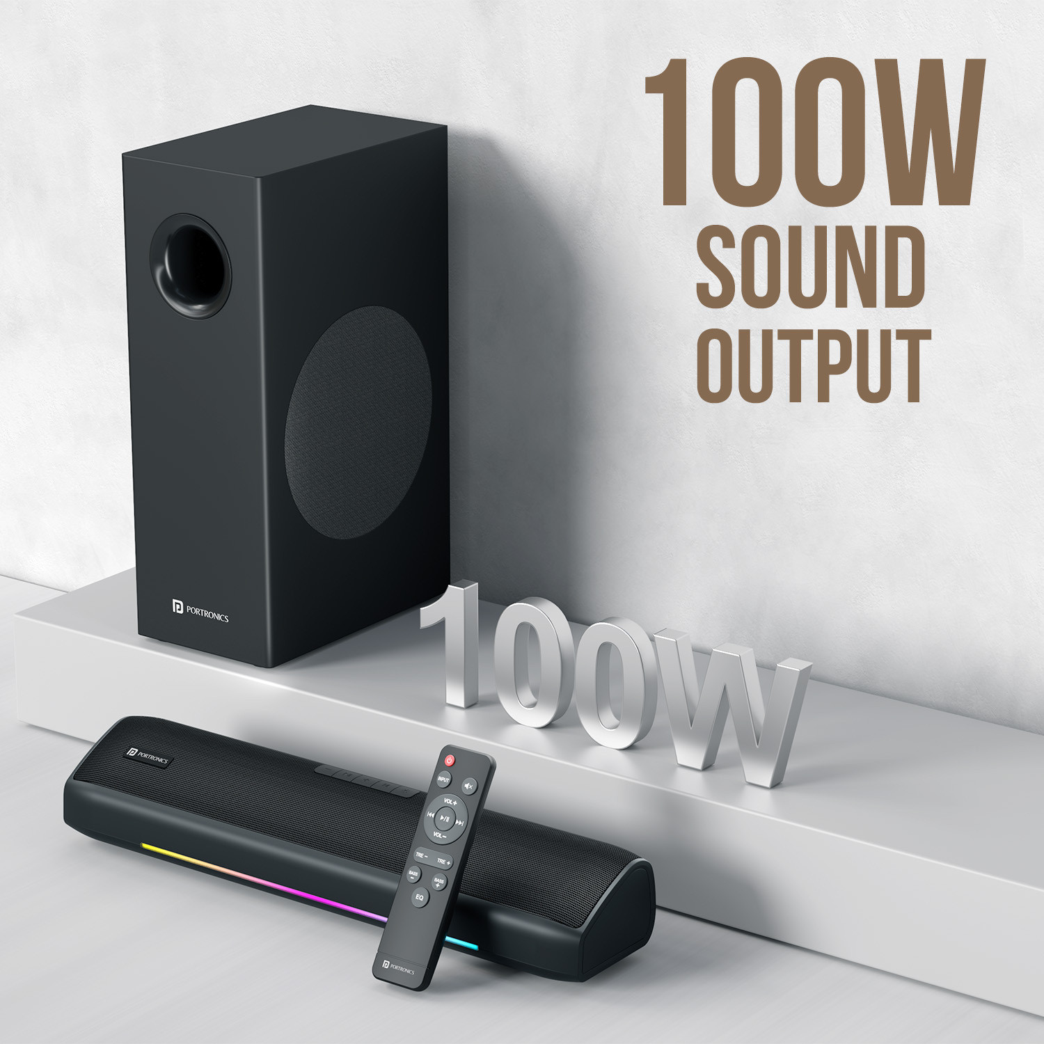 Image of Portronics 100W Zuno Compact Bluetooth Soundbar With Deep Bass, 2.1 Channel Home Theatre 100 W Bluetooth Soundbar