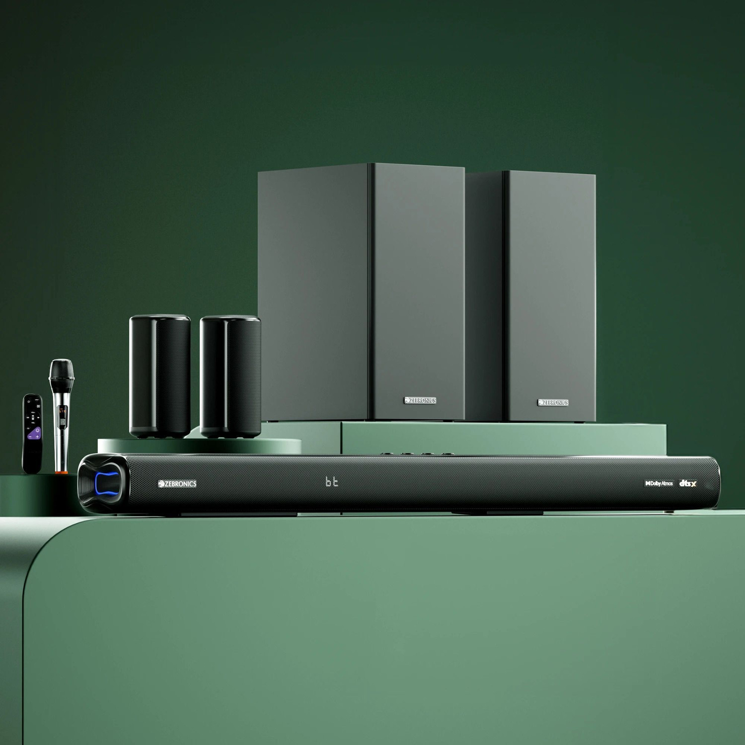 Image of ZEBRONICS Juke Bar 9900 (SBSPK C3) DTS X, Dolby Atmos, 2x Wireless Subwoofer & Satellites 725 W Bluetooth Soundbar