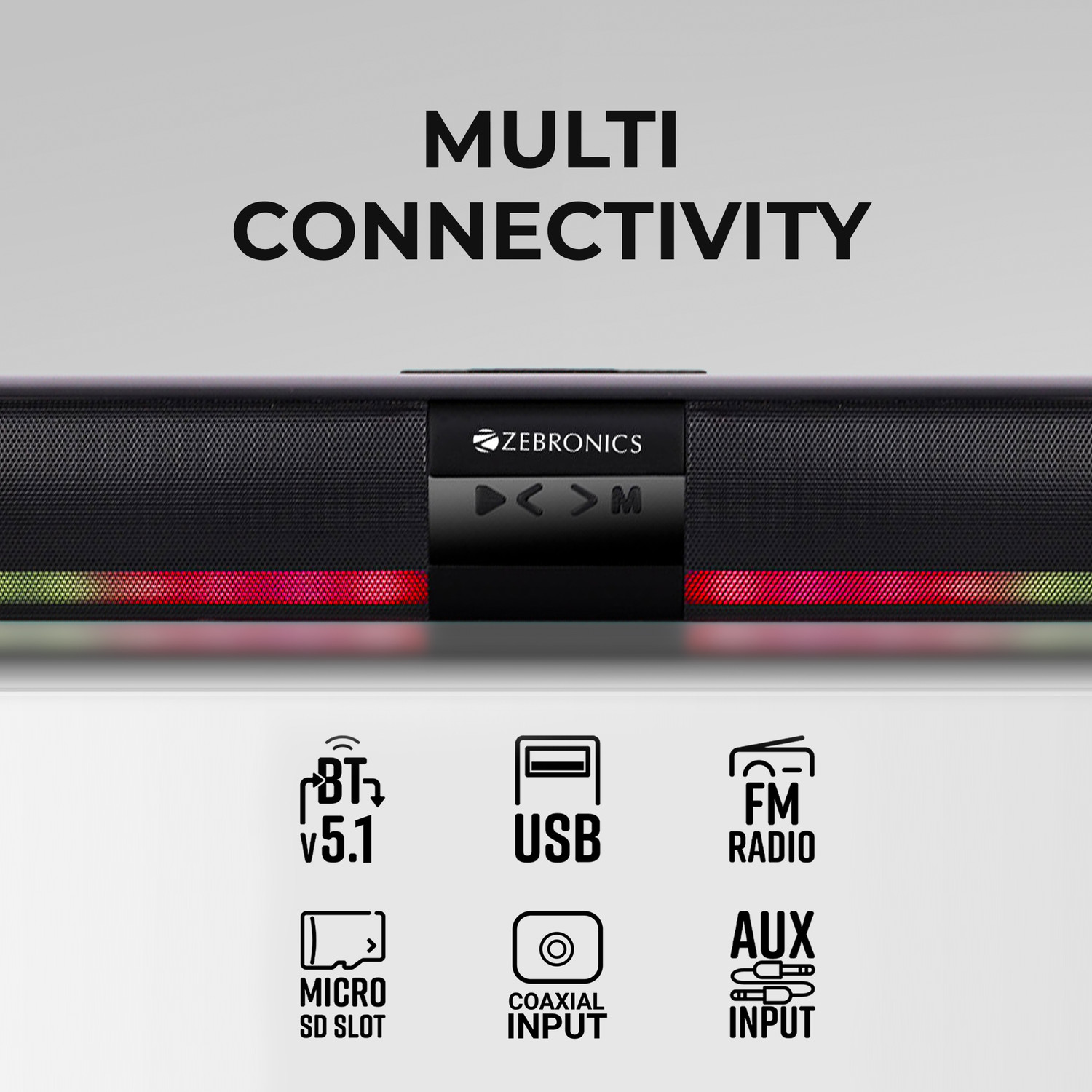 Image of ZEBRONICS Ace Plus( SBSPK3) Portable with 10h of Playback, USB & mSD,AUX,RGB, TWS 30 W Bluetooth Soundbar