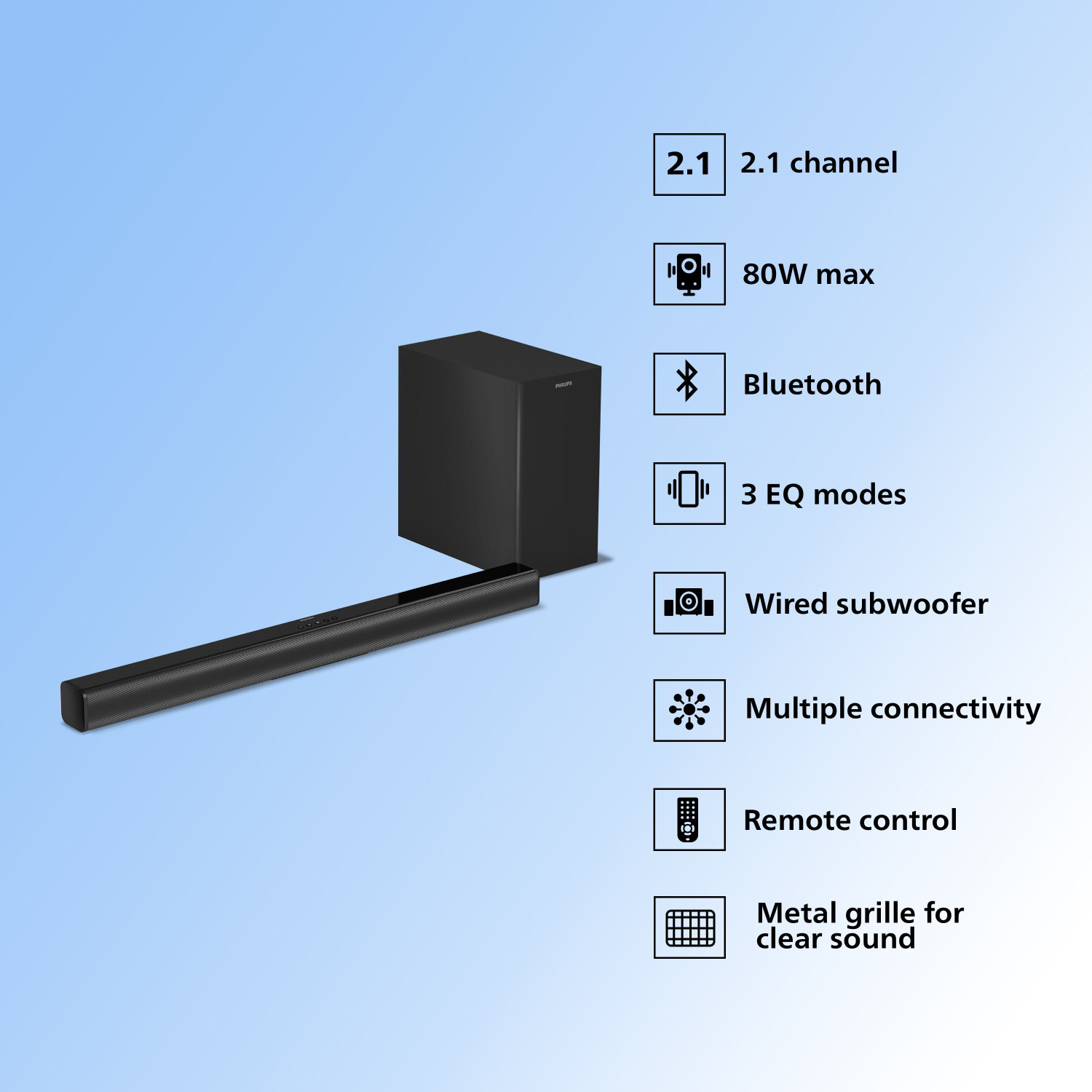 Image of PHILIPS TAB4319 /94 With Subwoofer for Rich Bass, 3 EQ modes, Bluetooth /HDMI /USB /Optical 80 W Bluetooth Soundbar