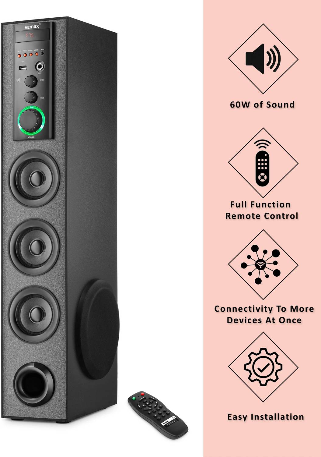 Vemax Vent 3.0 75W Bluetooth Tower Speaker with FM - Image 2