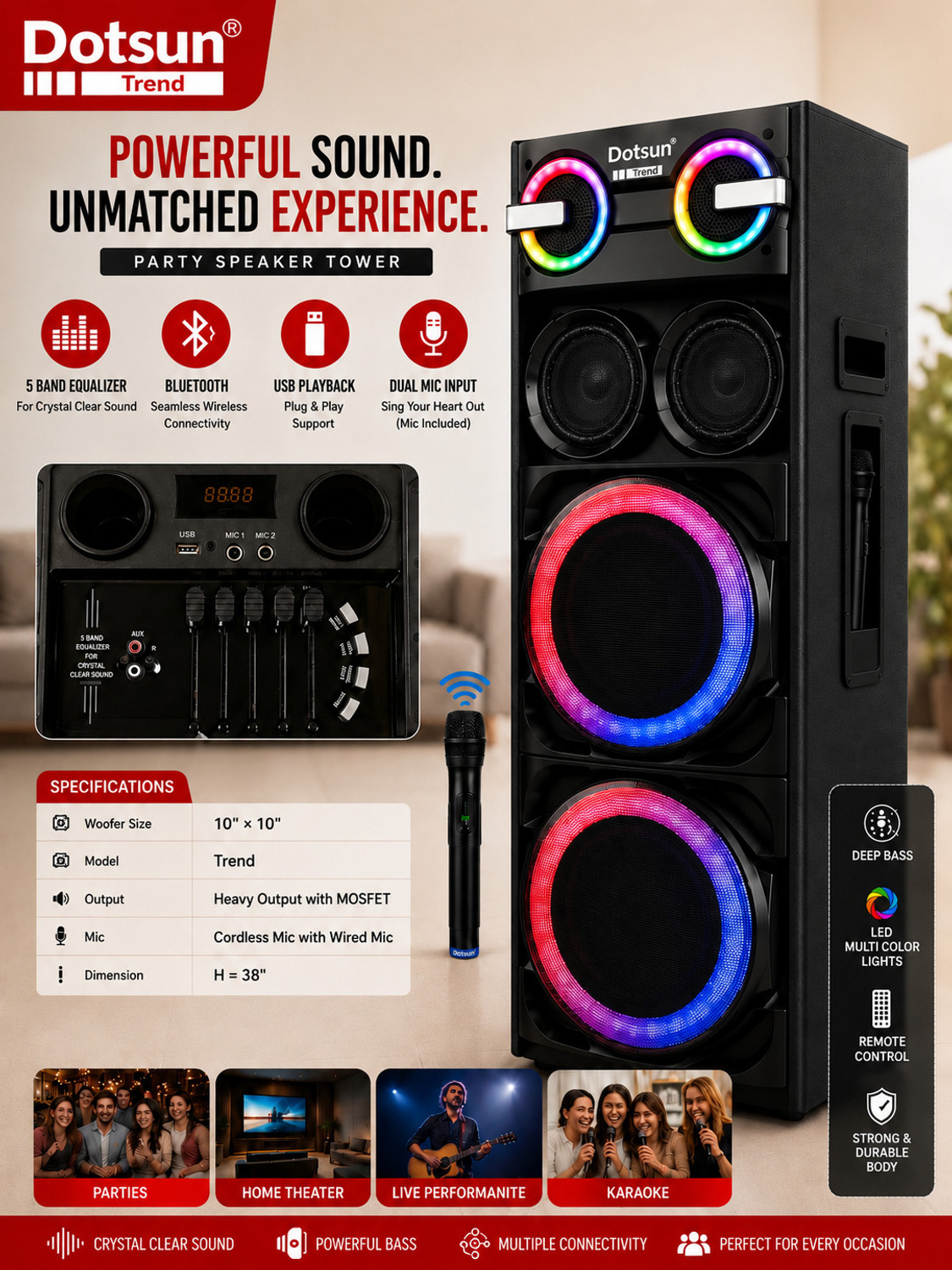 Image of Dotsun Dotsun Trend double 10inch Woofer with wireless mic 380 W Bluetooth Tower Speaker