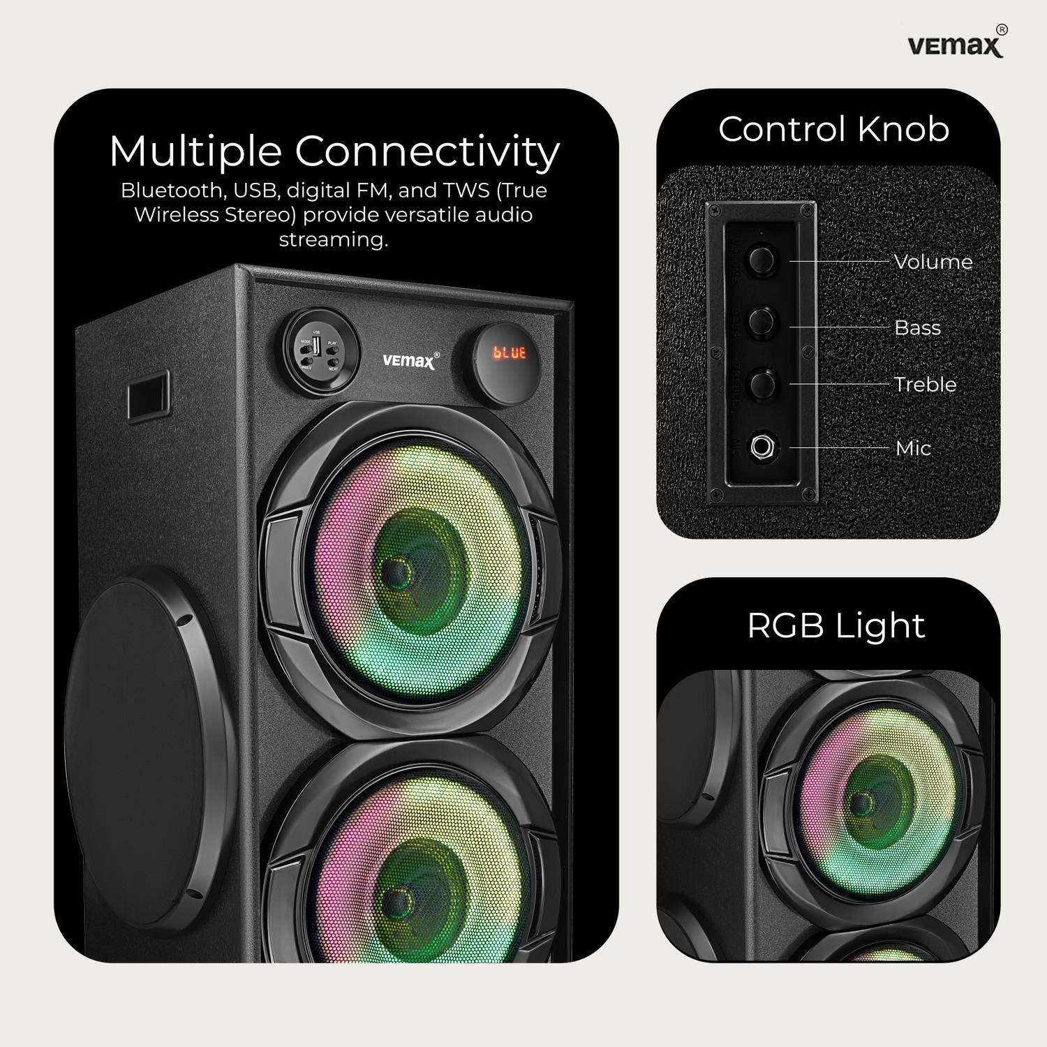 Vemax Eiffel 10 Inch Double Woofer 320W Bluetooth Speaker - Image 3