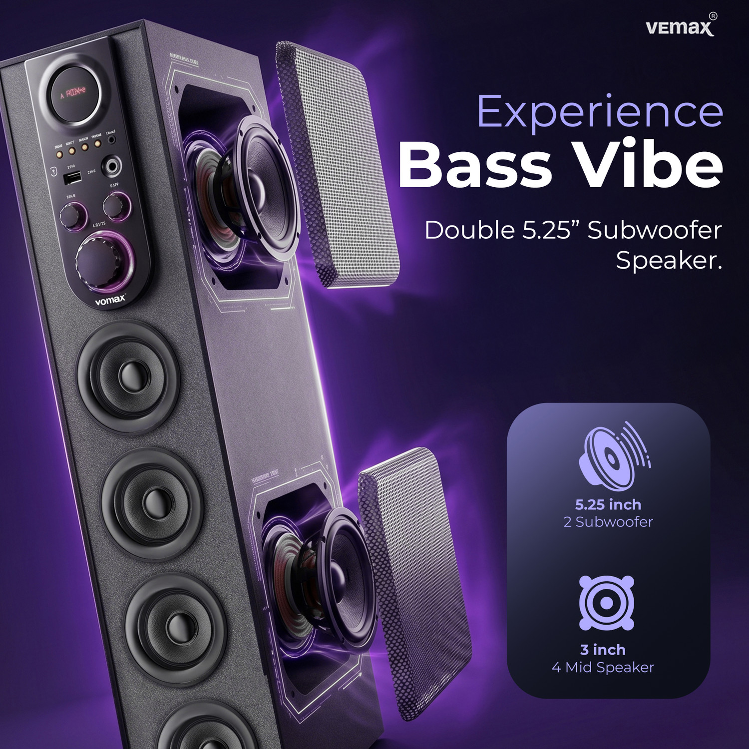 Image of Vemax Ruby 6.1 Bluetooth Double Woofer 100W Tower Speaker (BIS Certified) MIC, USB, FM 100 W Bluetooth Tower Speaker