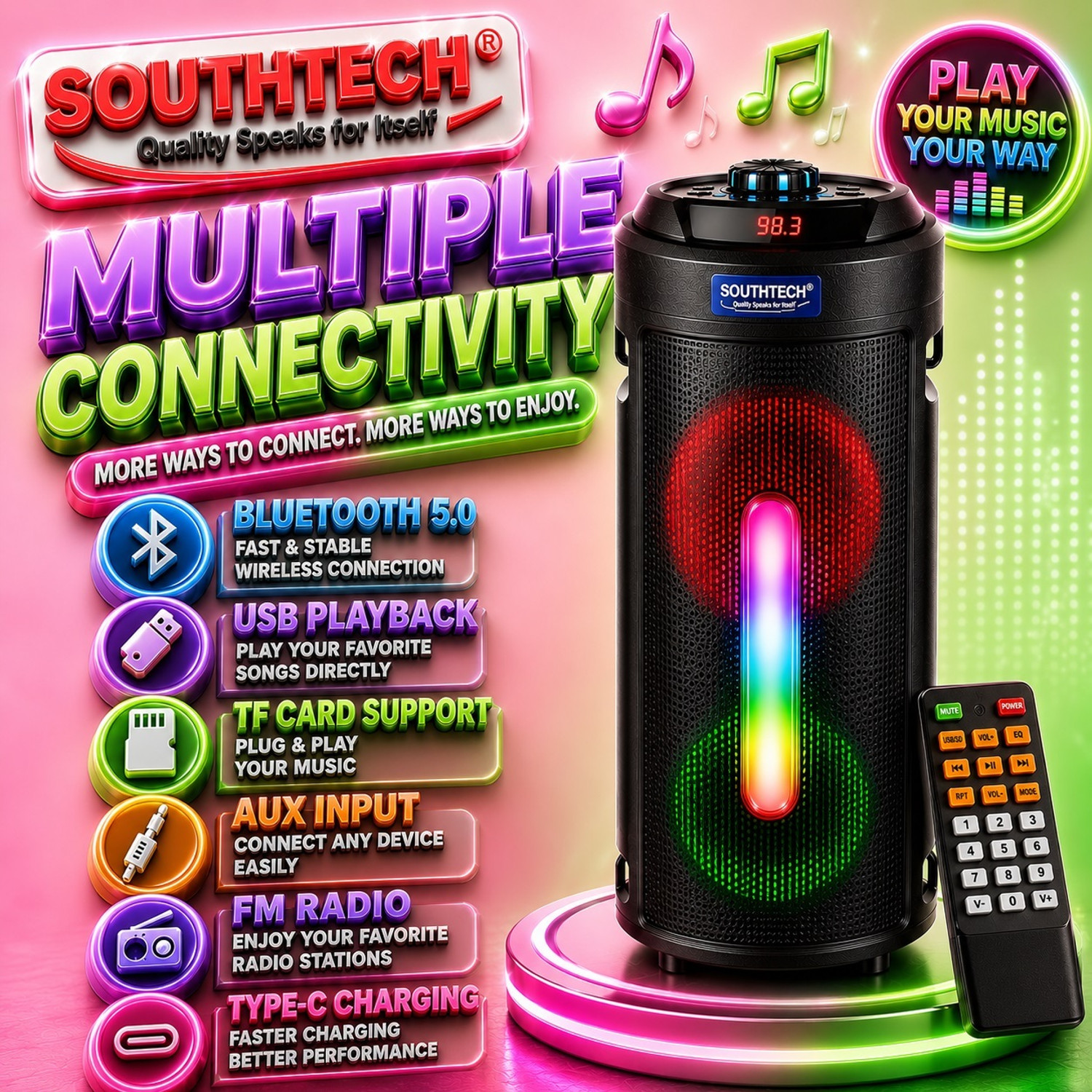 Image of SOUTHTECH HUNTER Bluetooth Party Speaker | RGB Lights | Powerful Bass |Renote | 40 W Bluetooth Party Speaker