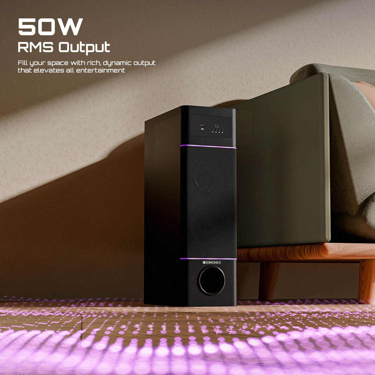 Image of ZEBRONICS Tono, Subwoofer Driver, Bluetooth v5.1, USB, AUX, Karaoke, Mic Input, RGB 50 W Bluetooth Tower Speaker