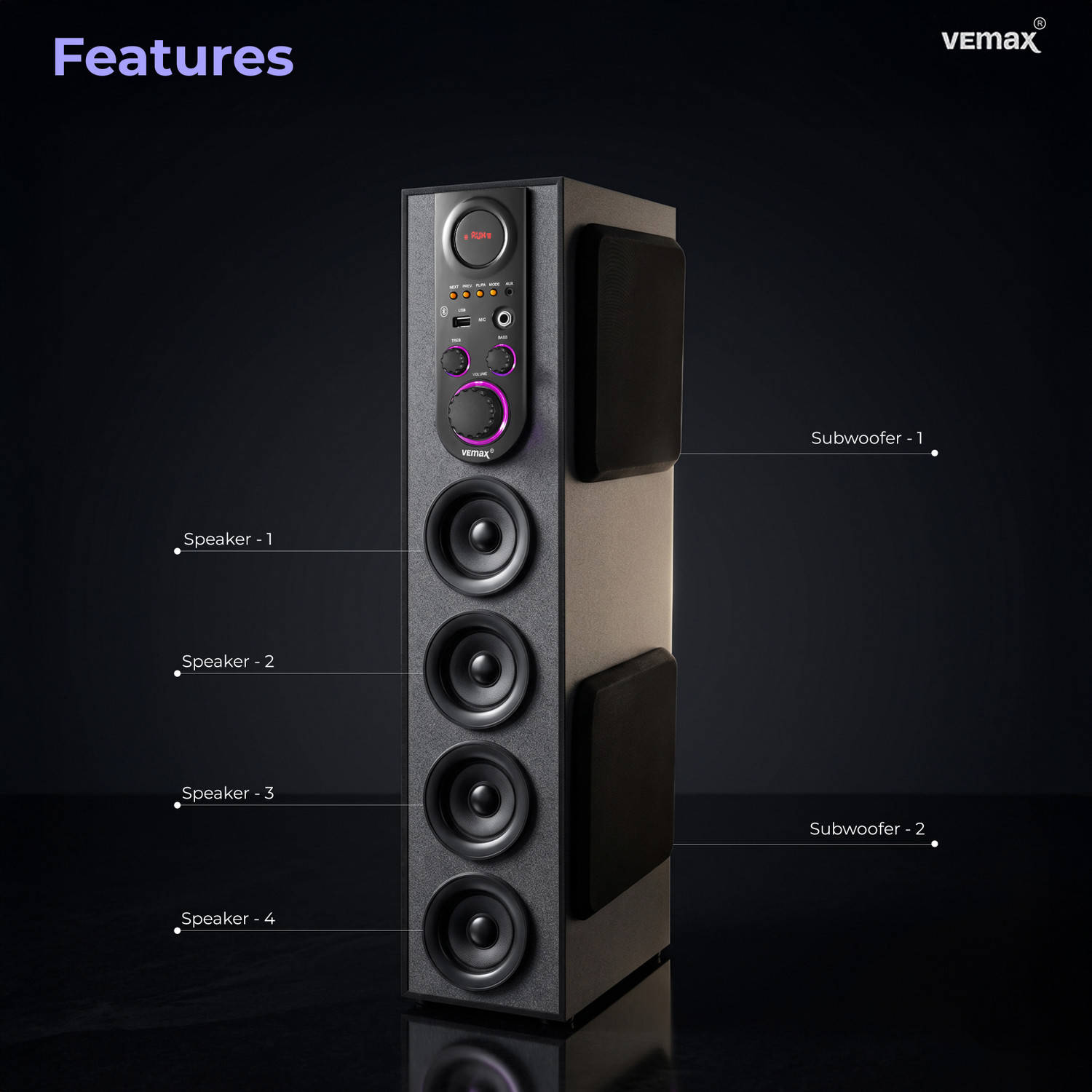 Image of Vemax Ruby 6.1 Bluetooth Double Woofer 100W Tower Speaker (BIS Certified) MIC, USB, FM 100 W Bluetooth Tower Speaker