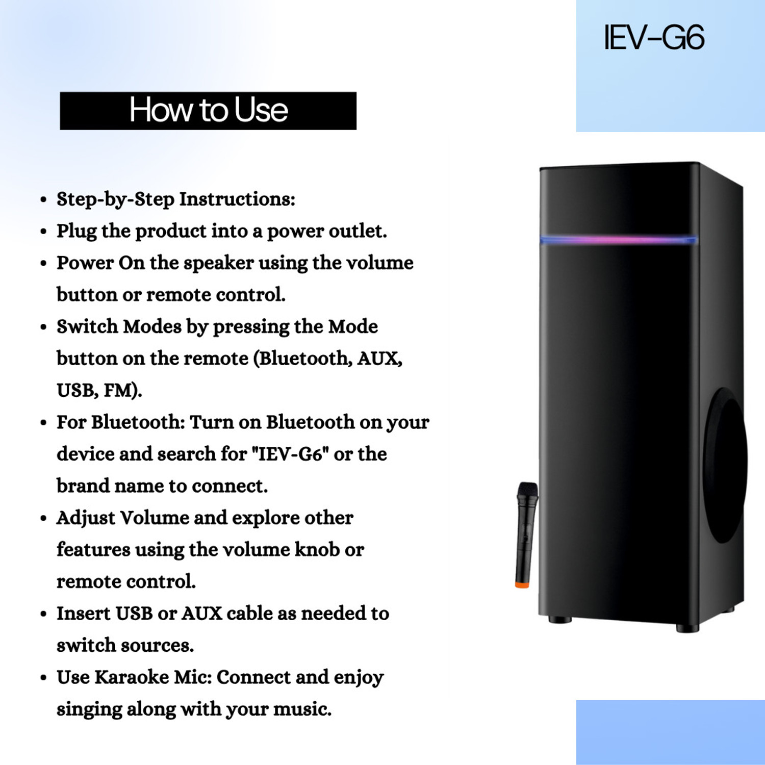 Image of IEV G-6 Single Party Tower Speaker 100 W Bluetooth Tower Speaker