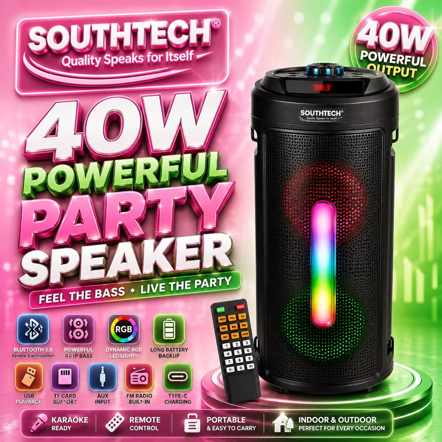 Image of SOUTHTECH HUNTER Bluetooth Party Speaker | RGB Lights | Powerful Bass |Renote | 40 W Bluetooth Party Speaker