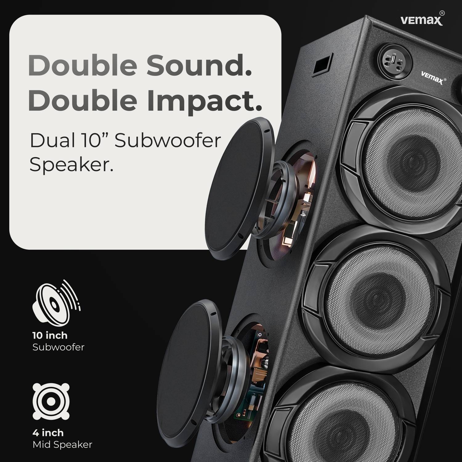 Vemax Eiffel 10 Inch Double Woofer 320W Bluetooth Speaker - Image 4