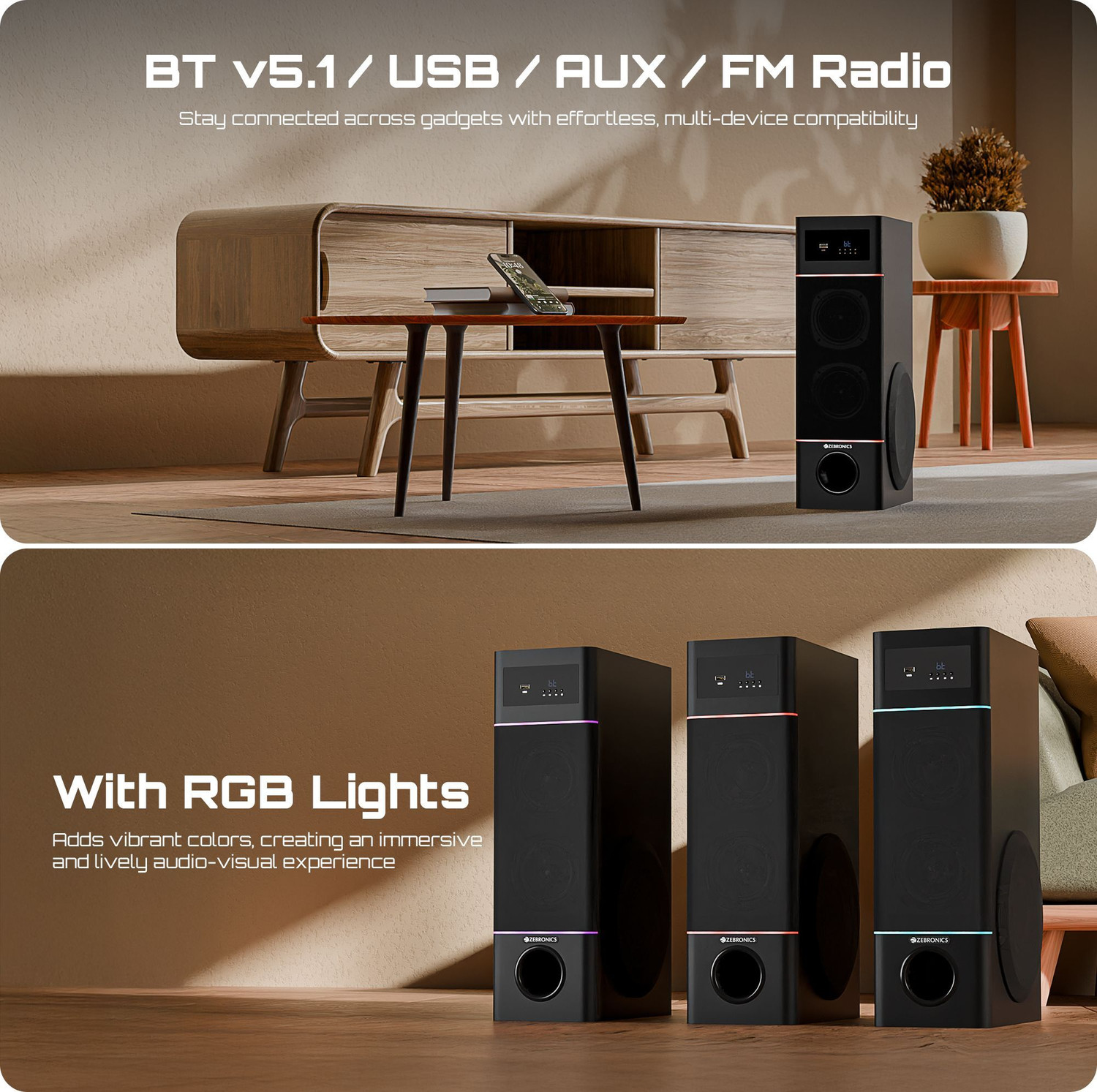 Image of ZEBRONICS Tono, Subwoofer Driver, Bluetooth v5.1, USB, AUX, Karaoke, Mic Input, RGB 50 W Bluetooth Tower Speaker