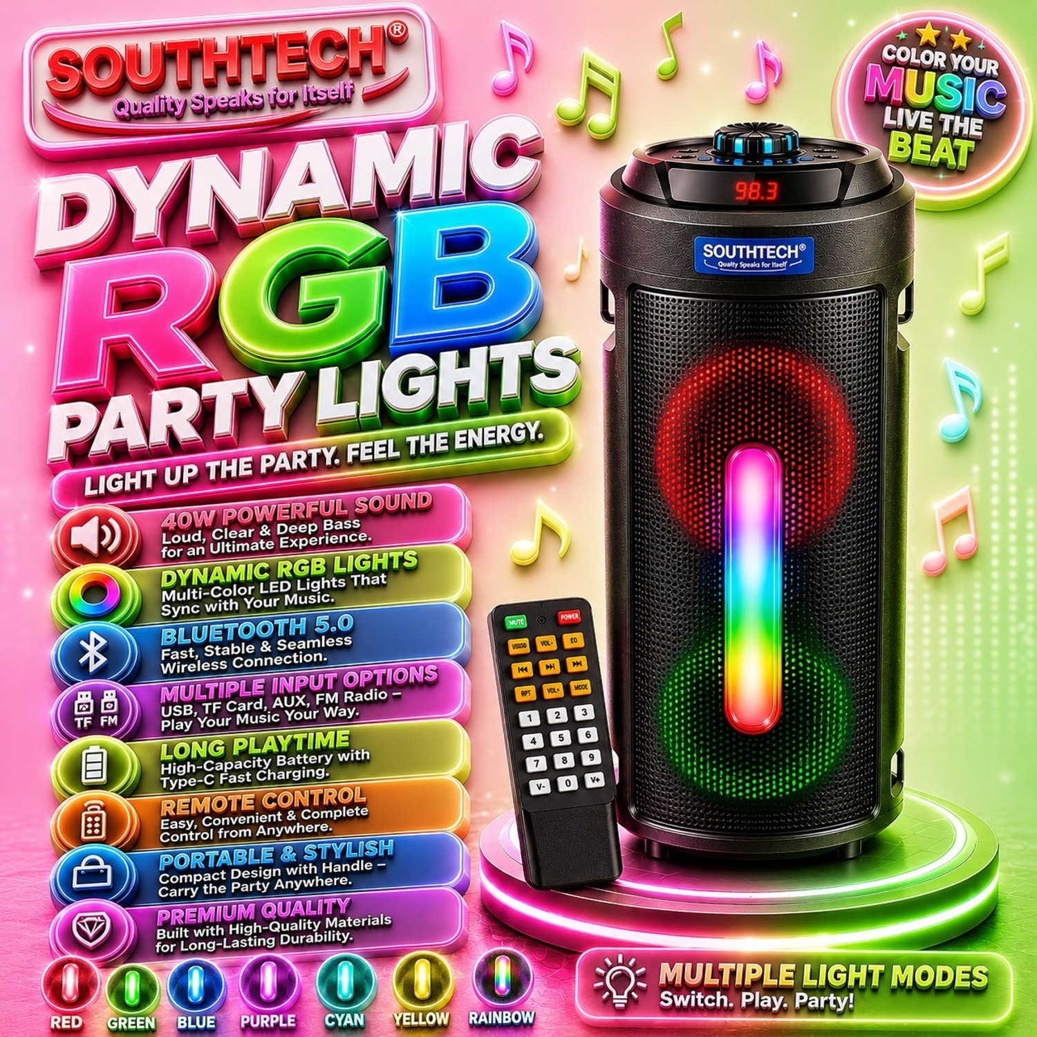Image of SOUTHTECH HUNTER Bluetooth Party Speaker | RGB Lights | Powerful Bass |Renote | 40 W Bluetooth Party Speaker