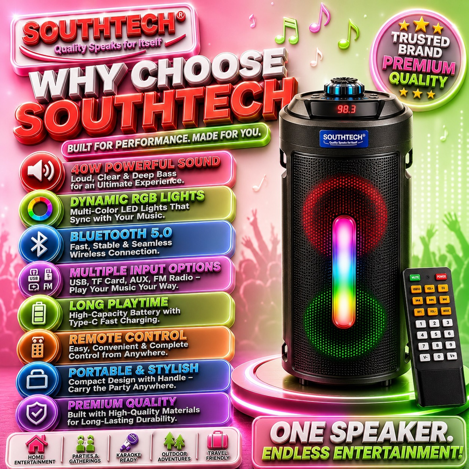 Image of SOUTHTECH HUNTER Bluetooth Party Speaker | RGB Lights | Powerful Bass |Renote | 40 W Bluetooth Party Speaker