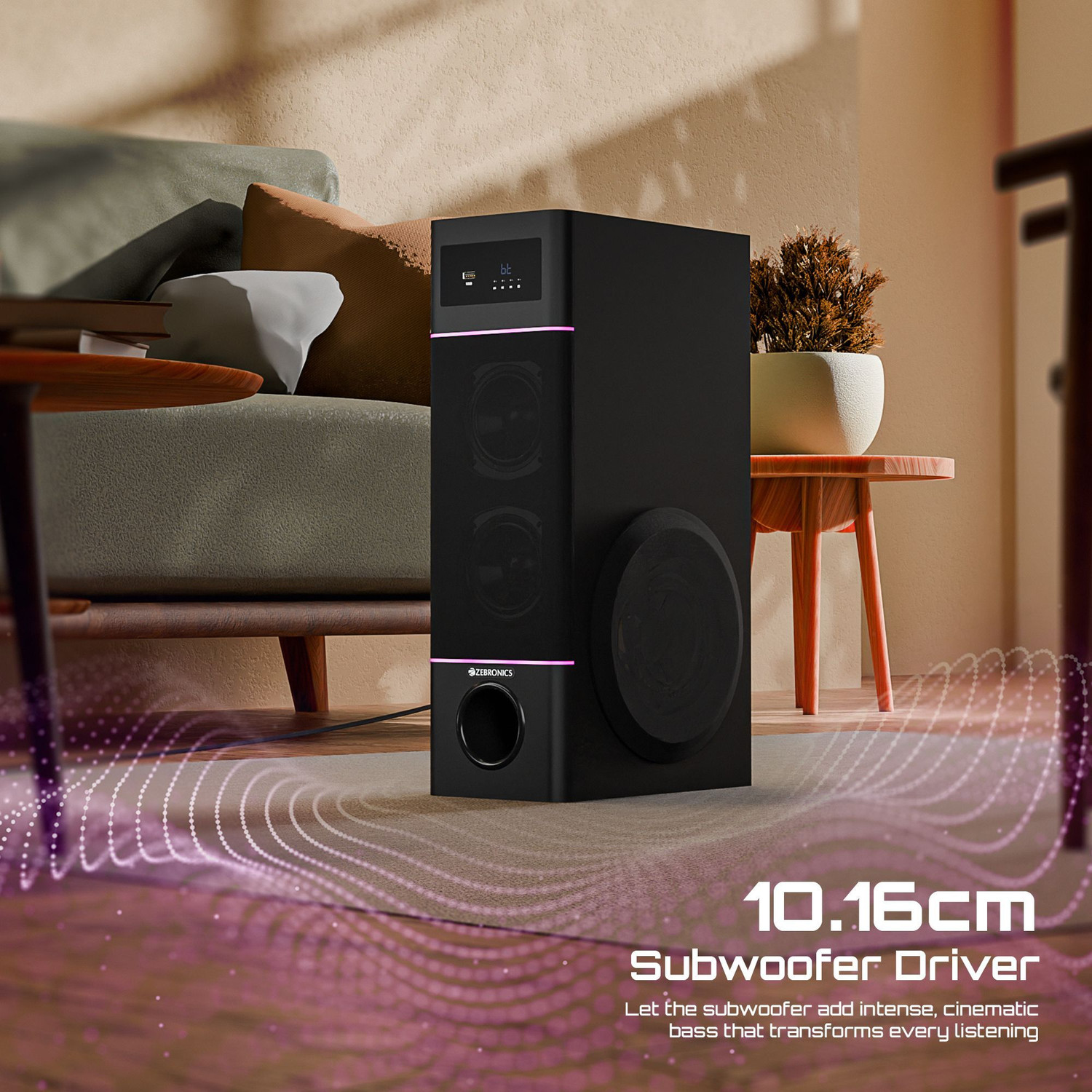 Image of ZEBRONICS Tono, Subwoofer Driver, Bluetooth v5.1, USB, AUX, Karaoke, Mic Input, RGB 50 W Bluetooth Tower Speaker