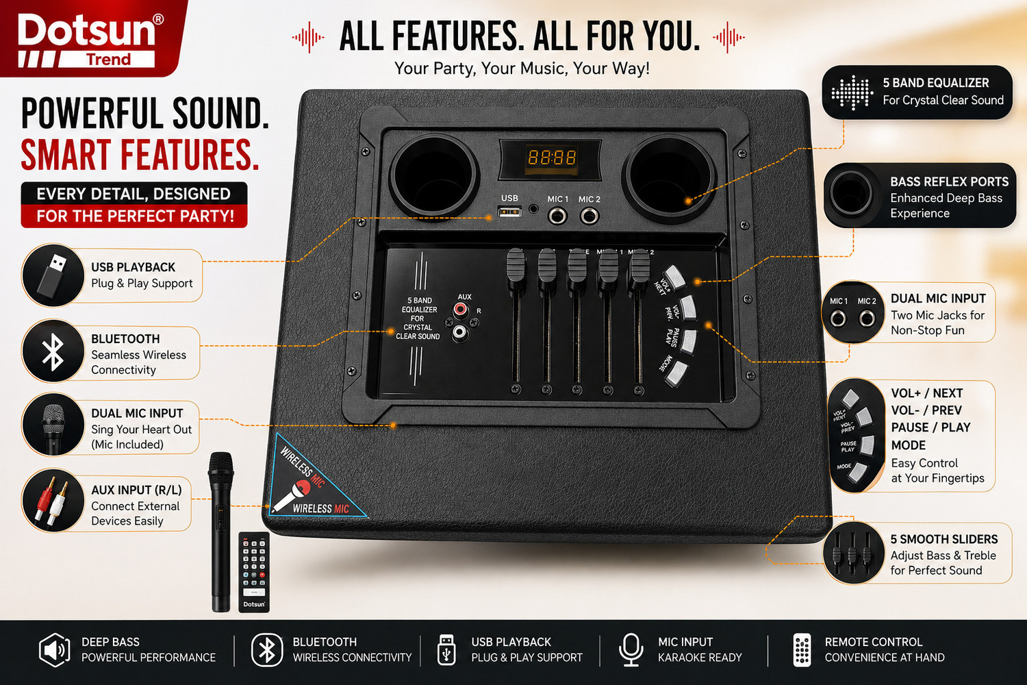 Image of Dotsun Dotsun Trend double 10inch Woofer with wireless mic 380 W Bluetooth Tower Speaker
