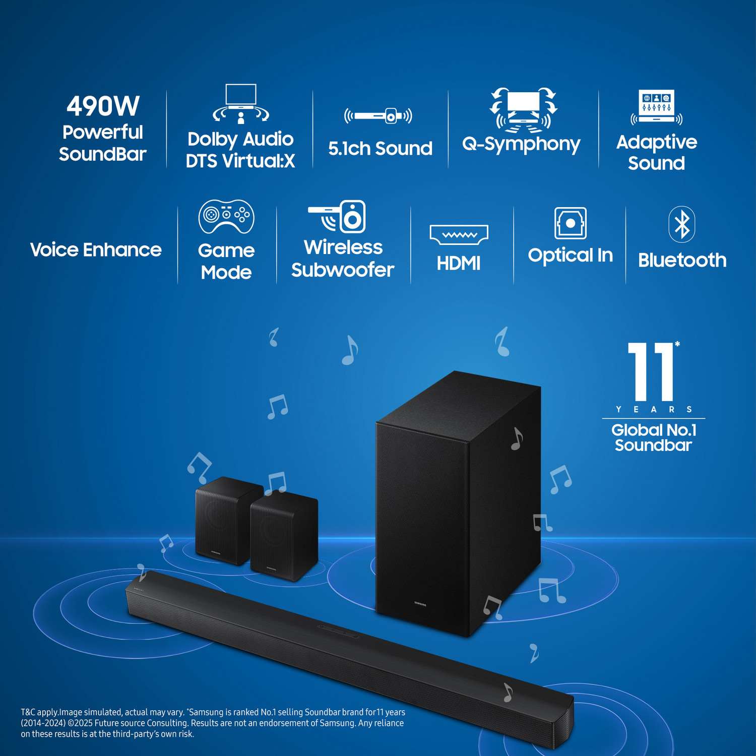 Image of Samsung HW-B67EF /XL, Dolby Digital and DTS Virtual-X, Q-Symphony 490 W Bluetooth Soundbar
