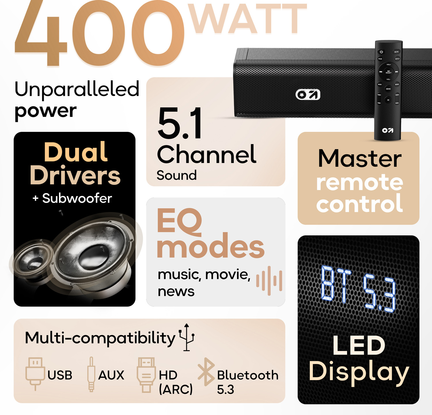 Image of GOBOULT Bassbox X400 with Subwoofer, 400W Power, 5.1 Channel, 3 EQ mode 400 W Bluetooth Soundbar