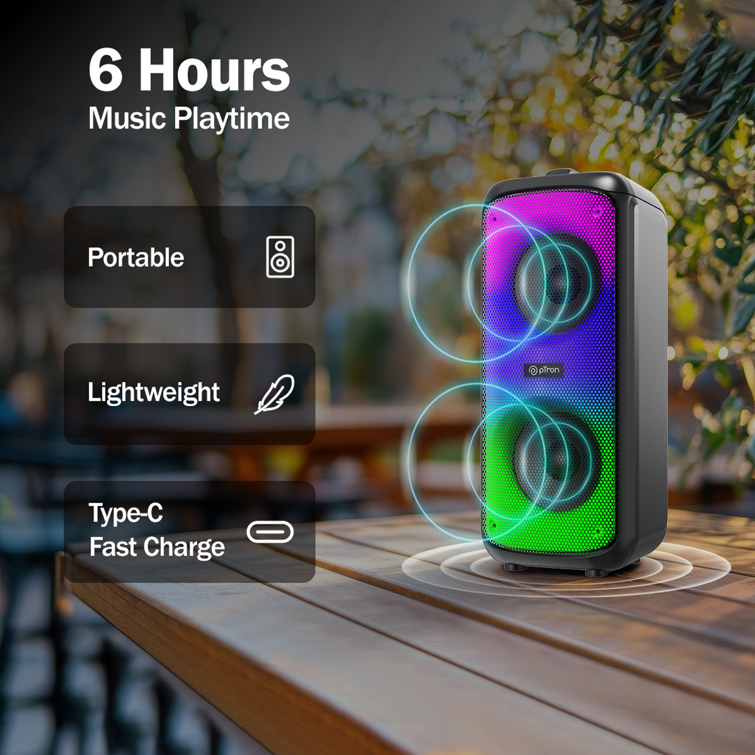 Image of PTron Fusion Beats w / Pristine Sound, Rhythmic RGB Lights, 6hrs Playtime, Portable 48 W Bluetooth Party Speaker