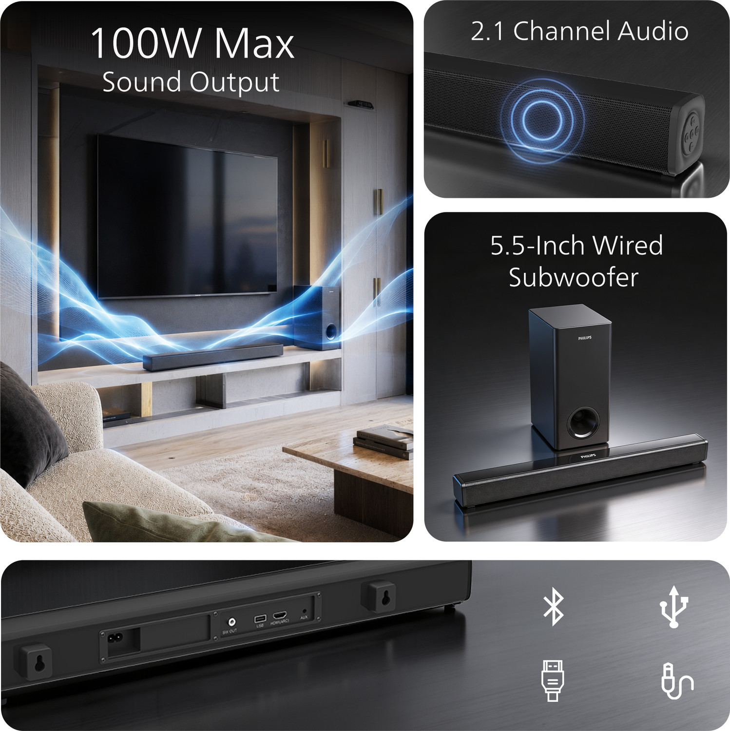Image of PHILIPS TAB4301 /94 5.5 Inch Subwoofer HDMI ARC, USB & Optical Connectivity 100 W Bluetooth Soundbar