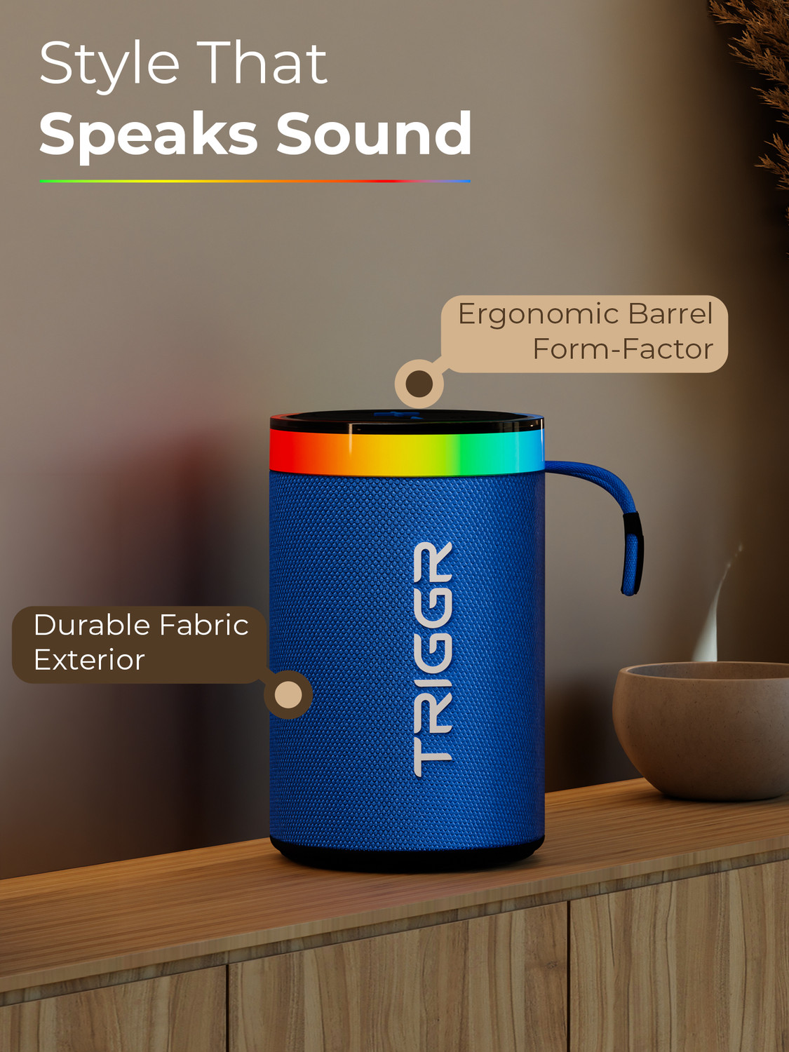 Image of TRIGGR Roar 10 with RGB Lights, Fabric Exterior, TWS & FM Mode, 8H Playtime 10 W Bluetooth Speaker