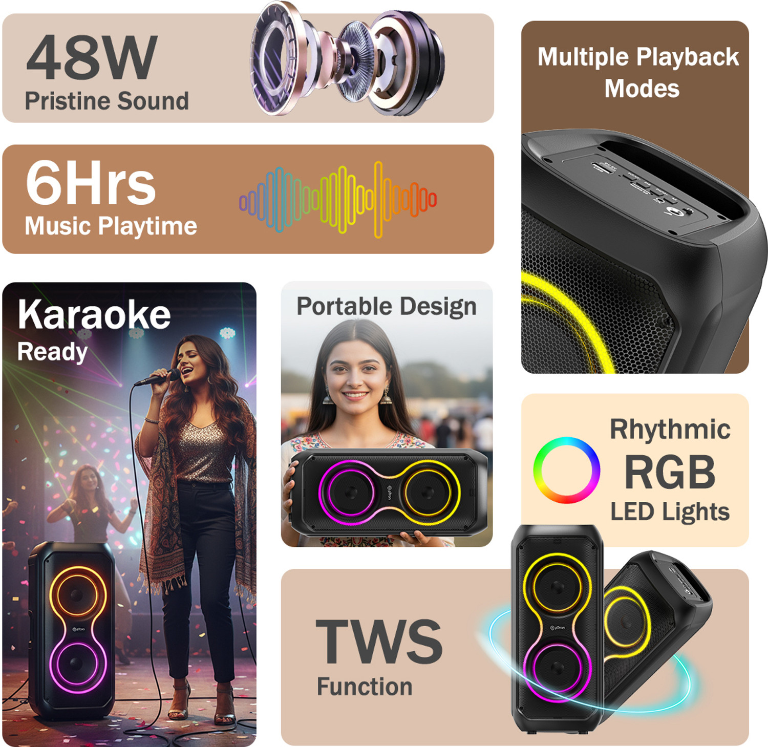 Image of PTron Fusion ONE w / Pristine Stereo Sound, Vibrant RGB Lights, 6hrs Playtime, Portable 48 W Bluetooth Party Speaker