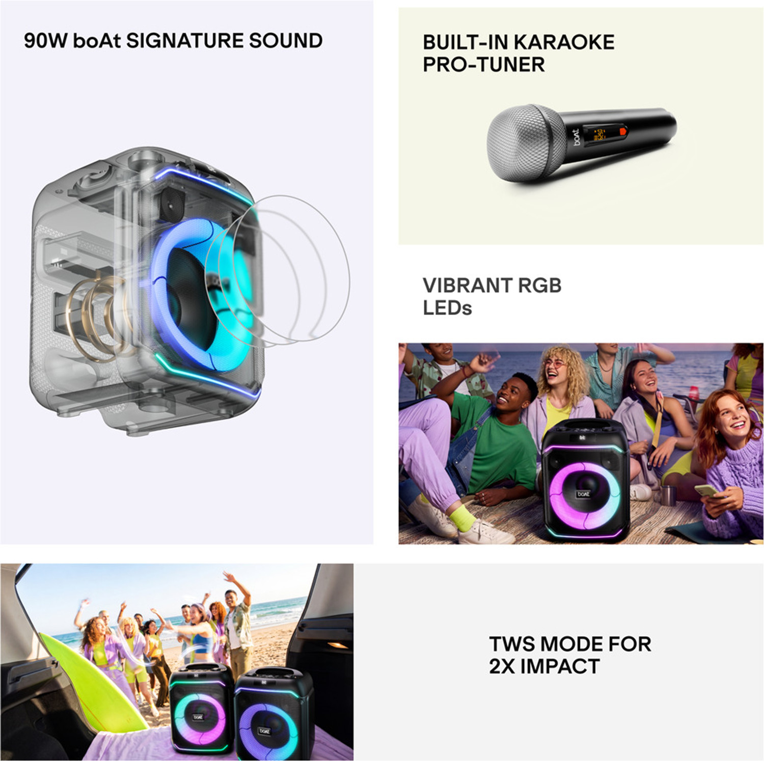Image of boAt PartyPal 230, 90W, Karaoke Auto Tuner, 1 UHF Mic, RGB LEDs, App Support,TWS Mode 90 W Bluetooth Party Speaker